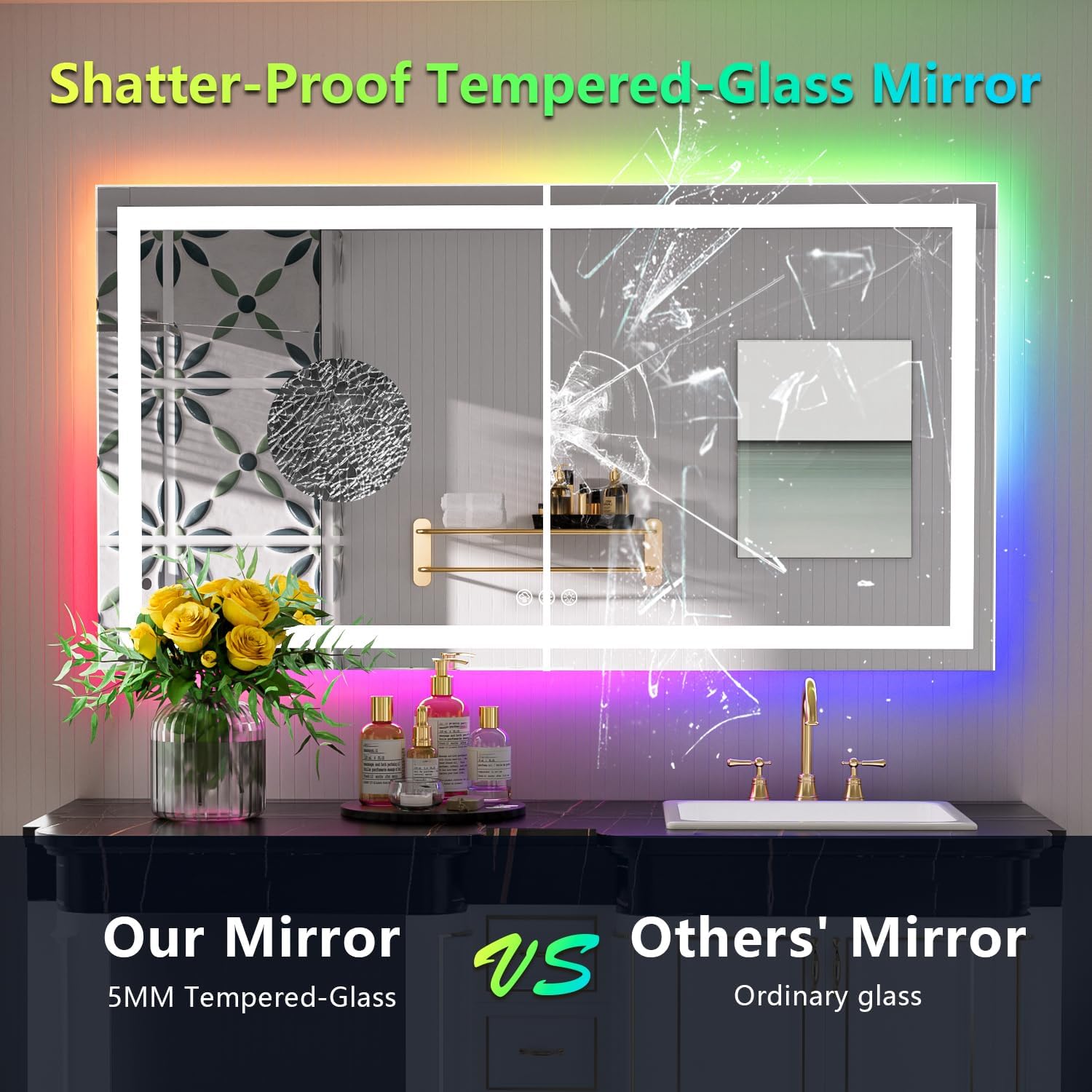55x30 Inch RGB LED Bathroom Mirror Front Light and RGB Backlit Lighted Vanity Mirror for Bathroom Wall Mounted Dimmable Anti Fog Memory Shatter-Proof IP54 Waterproof Horizontal/Vertical