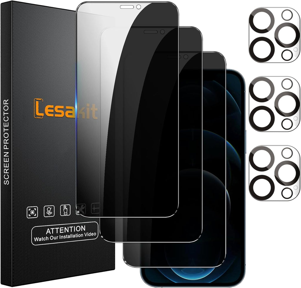 3+3 Pack Privacy Screen Protector for iPhone 12 Pro Max 6.7-Inch with 3 Pack Camera Lens Protector, Anti Spy Tempered Glass Film 9H Hardness Bubble Free Case Friendly