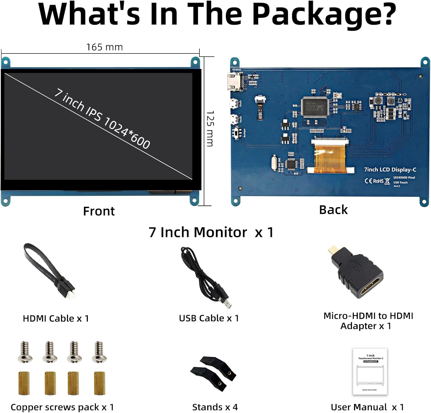 7 Inch LCD Touch Screen, 1024x600 IPS Display with Stand, HDMI Portable Monitor for Raspberry Pi 5/4B/3B+/3B/B+/Zero/400, BB Black, Windows 10 8 7, Free Driver
