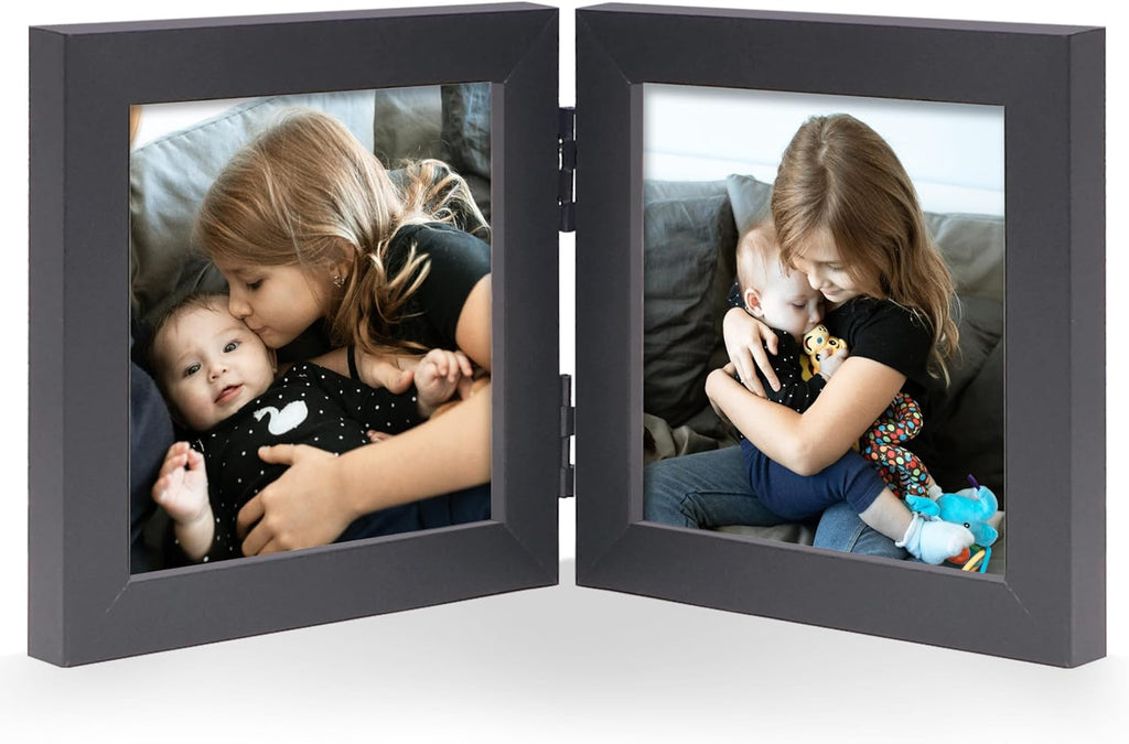 Double 4x4 Square Combo, Black Wood Picture Frame, 3.5x3.5 Opening Foldable Photo Frame on Table-top or Wall