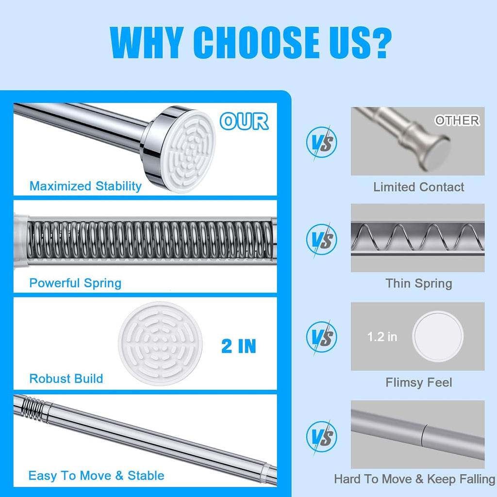 TEECK Shower Curtain Rod, 32-43 inch Adjustable Spring Tension Curtain Rod, Never Rust Anti-Slip Shower Curtain Rod for Bathroom, No Drilling, Never Collapse, Easy to Use, Silver