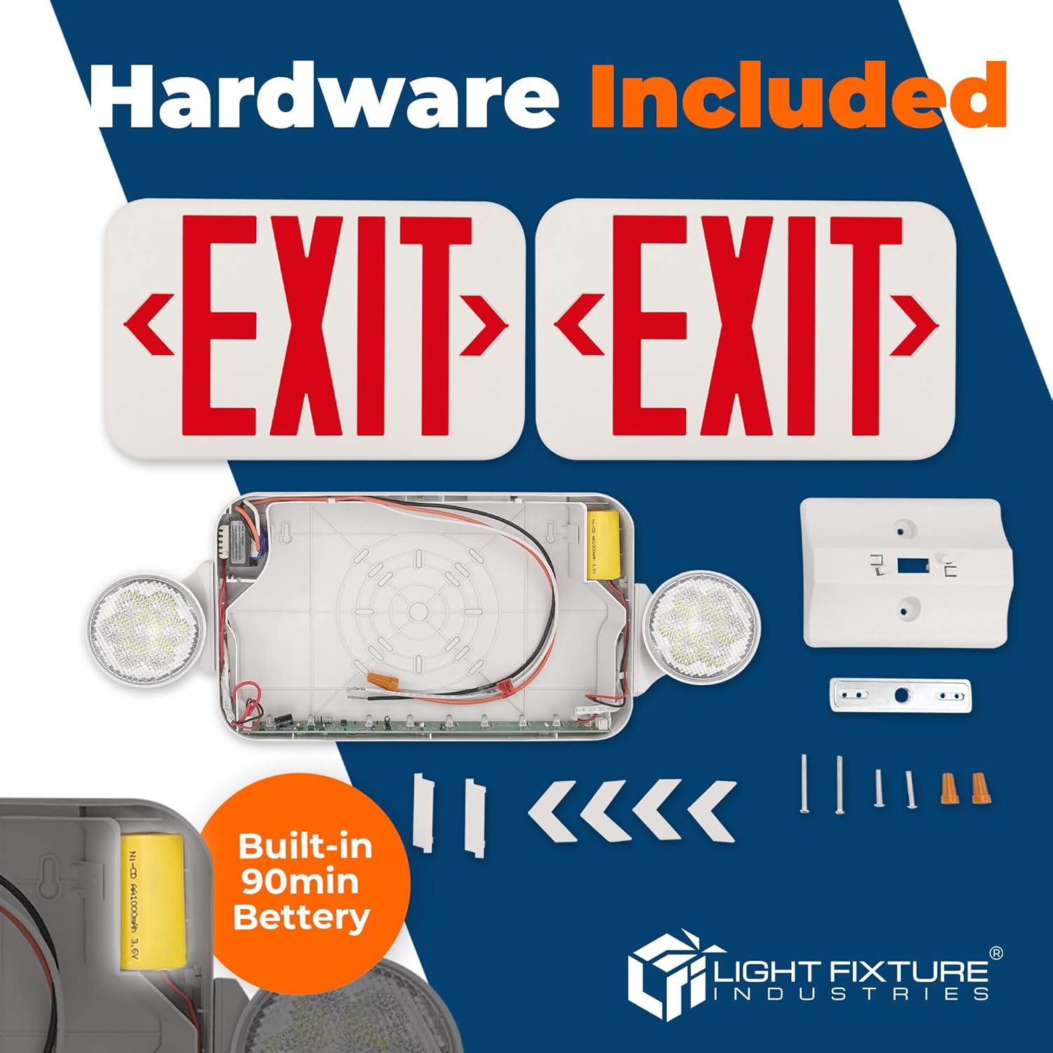 LFI Lights® Compact Remote Head Capable COMBO UL 924 Listed, Exit Sign with Emergency Lights, Red LED, White, 120/277VAC Hardwired with Battery Backup, Optional Double Face and Knock Out Arrows COMBOJR2RWRH