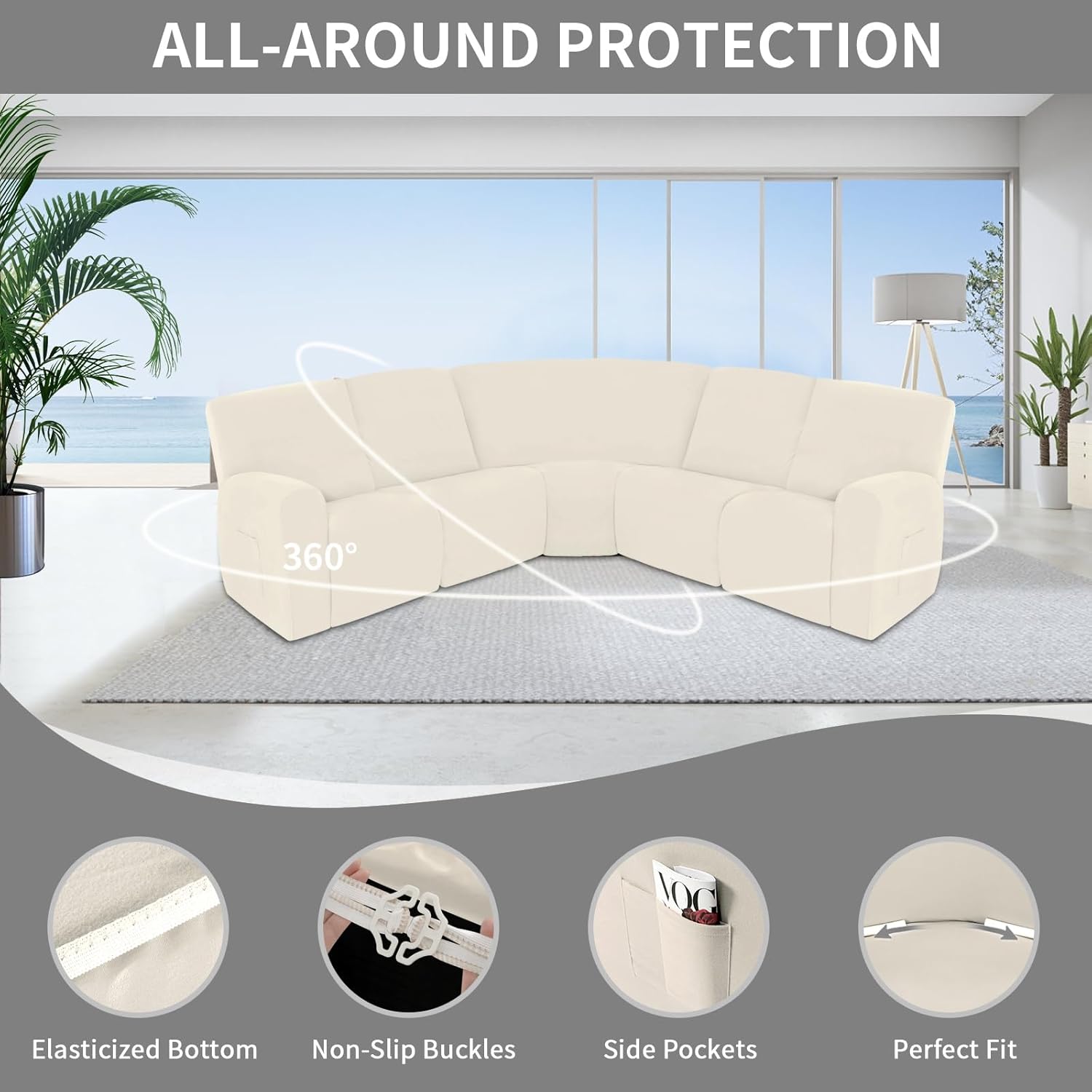 Easy-Going 100% Waterproof Recliner Cover, Stretch Couch Covers for Reclining Couches, Extra Large Sectional Sofa Slipcover, L-Shape Furniture Protector for Kids & Pets, 5 Seater, Beige