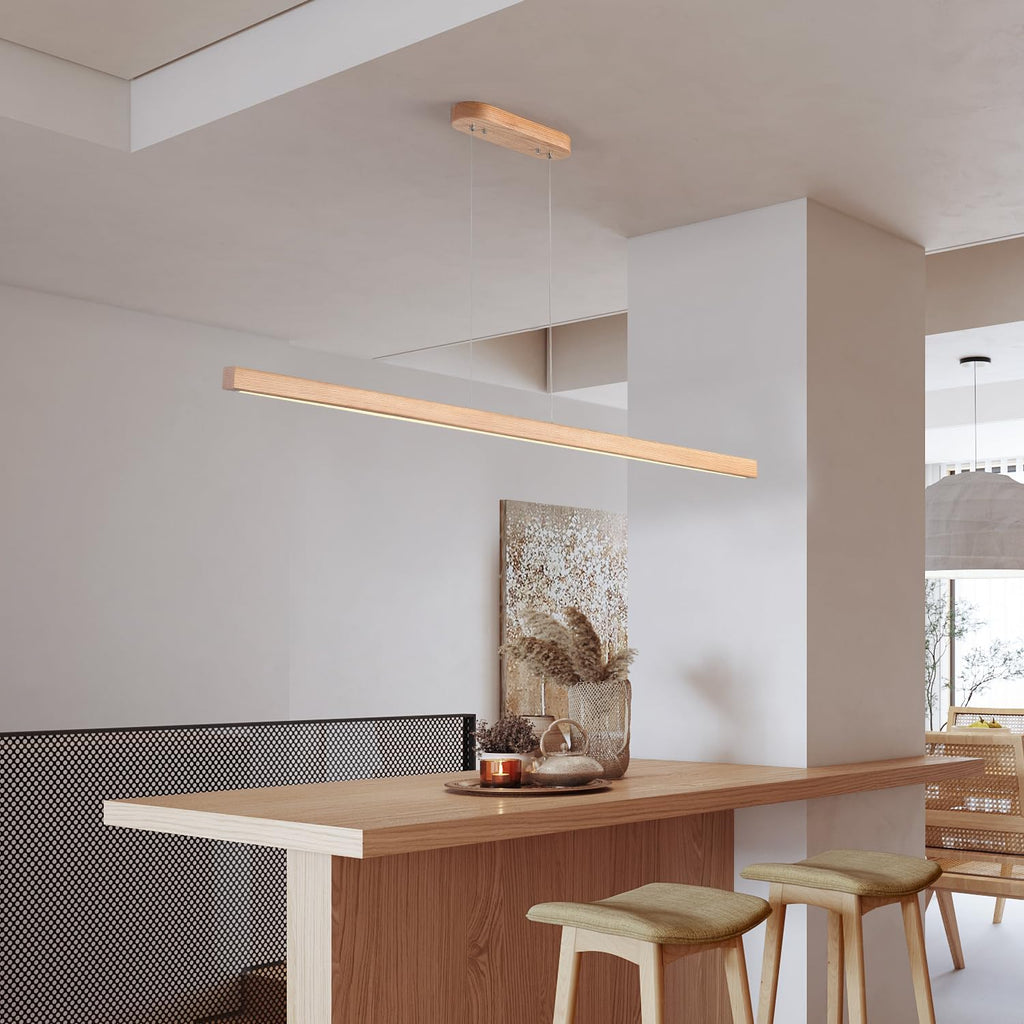 59" Wood Linear Pendant Light Fixtures Led Dining Room Chandelier Linear Kitchen Island Hanging Lights Dimmable Modern Pendant Light for Dining Room Kitchen Island Pool Table Lights Natural