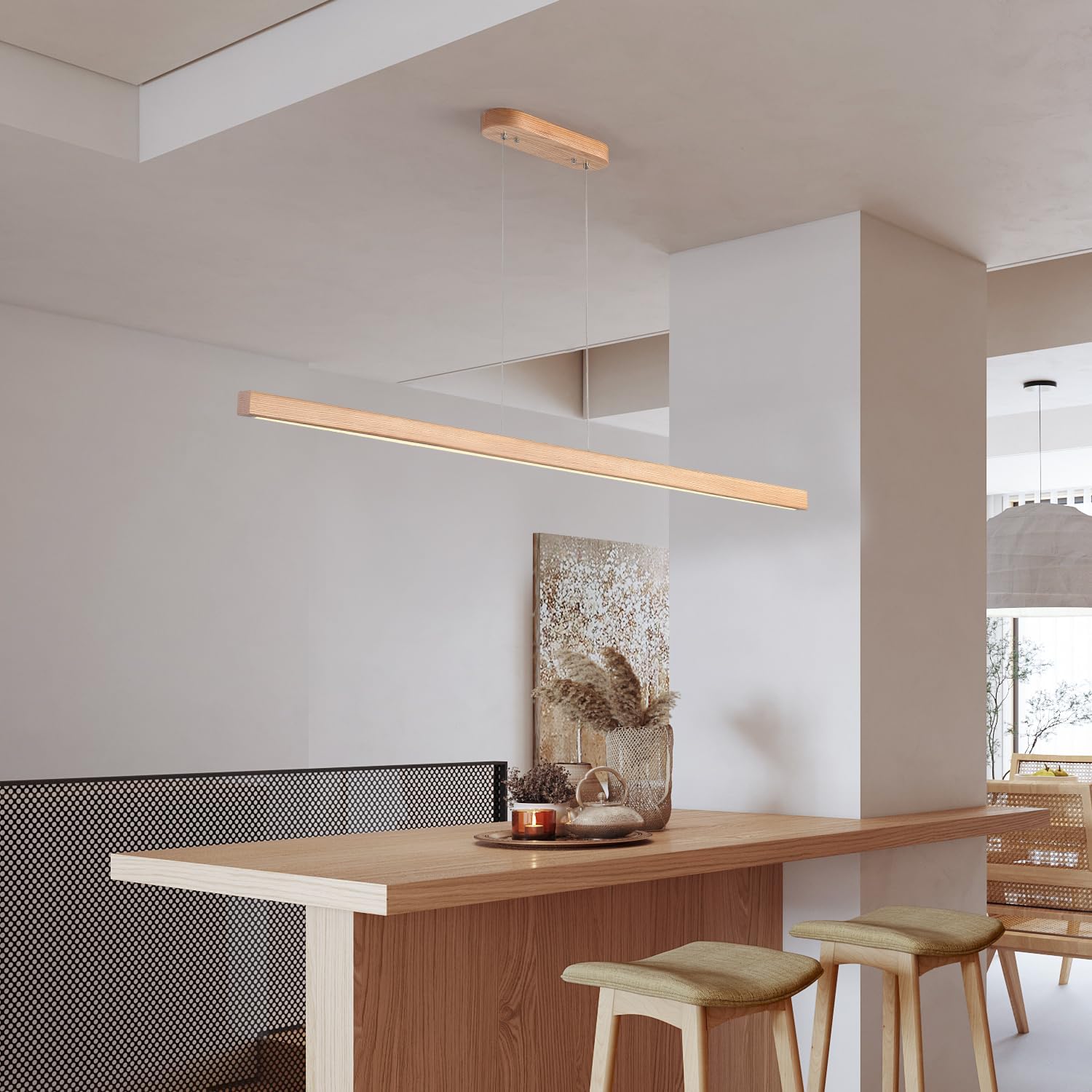 59" Wood Linear Pendant Light Fixtures Led Dining Room Chandelier Linear Kitchen Island Hanging Lights Dimmable Modern Pendant Light for Dining Room Kitchen Island Pool Table Lights Natural