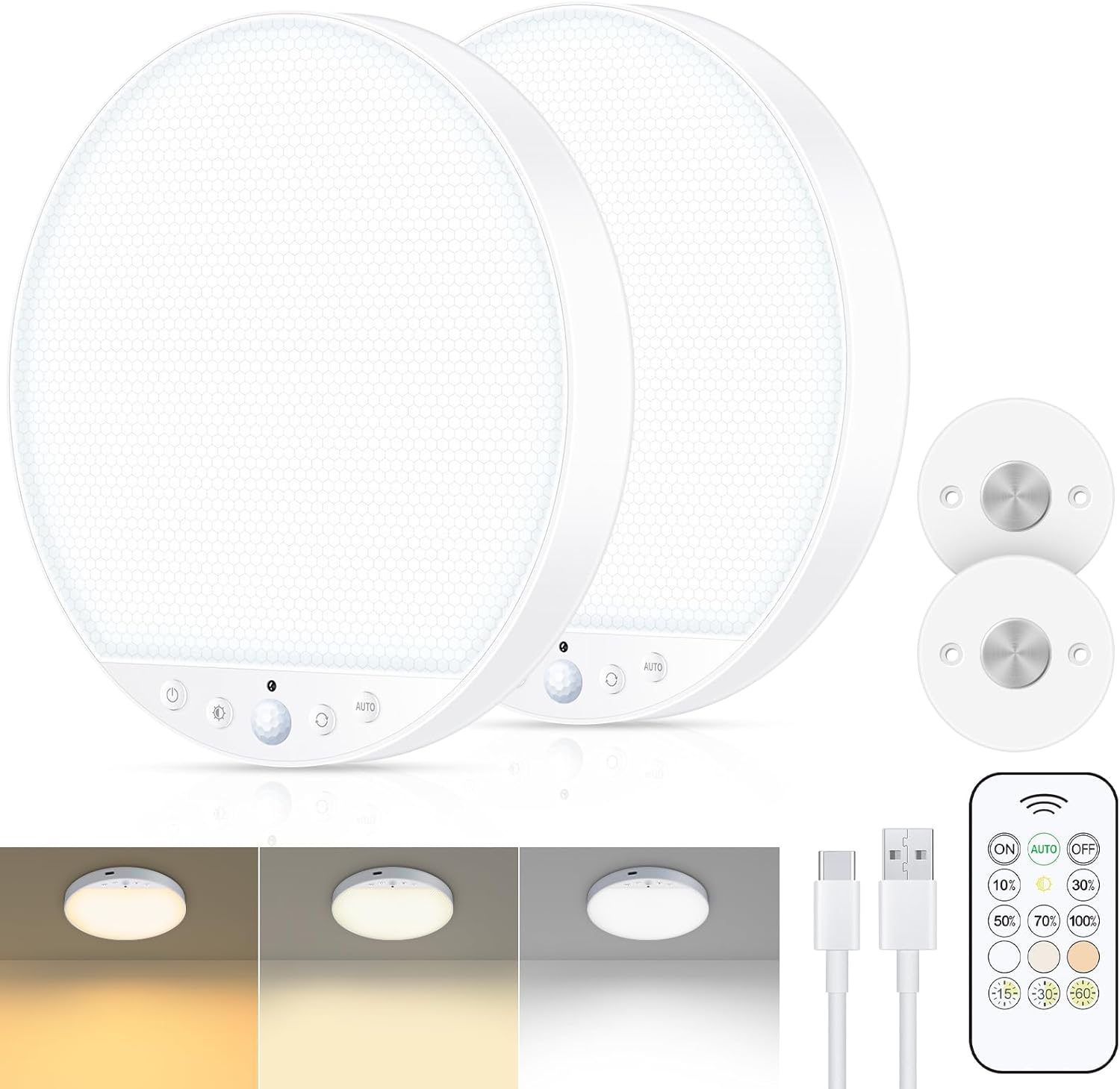 Rechargeable 6W Motion Sensor Ceiling Light Indoor, No Wiring & Magnetic Stick-On, Remote Control for Color & Brightness, Battery Operated Light for Shower, Closet, Bathroom, Pantry, Hallway, 2-Pack