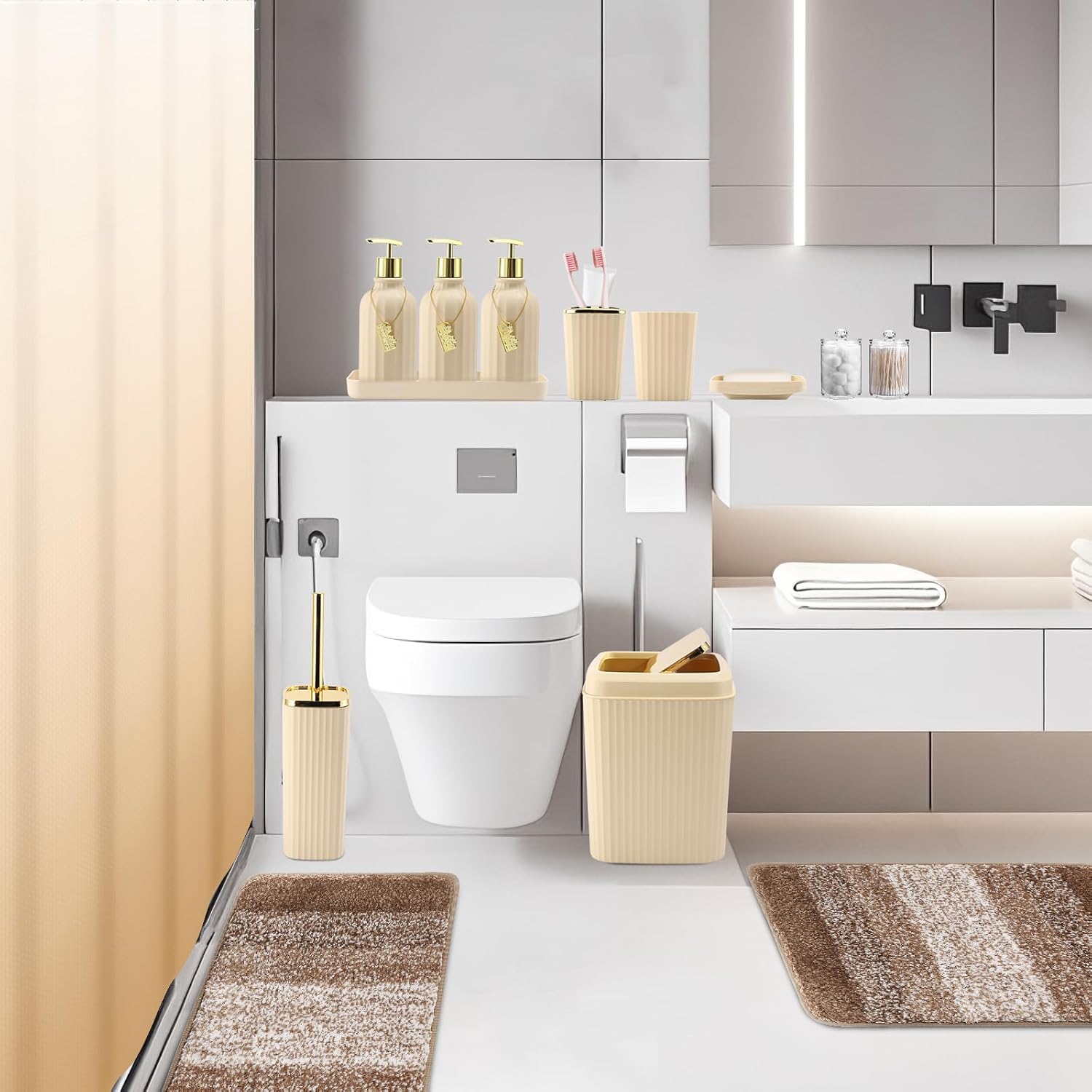 32PCS Bathroom Set Bathroom Sets with Shower Curtain and Rugs Beige Bathroom Accessories,Shower Curtain Set,Bathroom Rug Set with Bathroom Trash Can