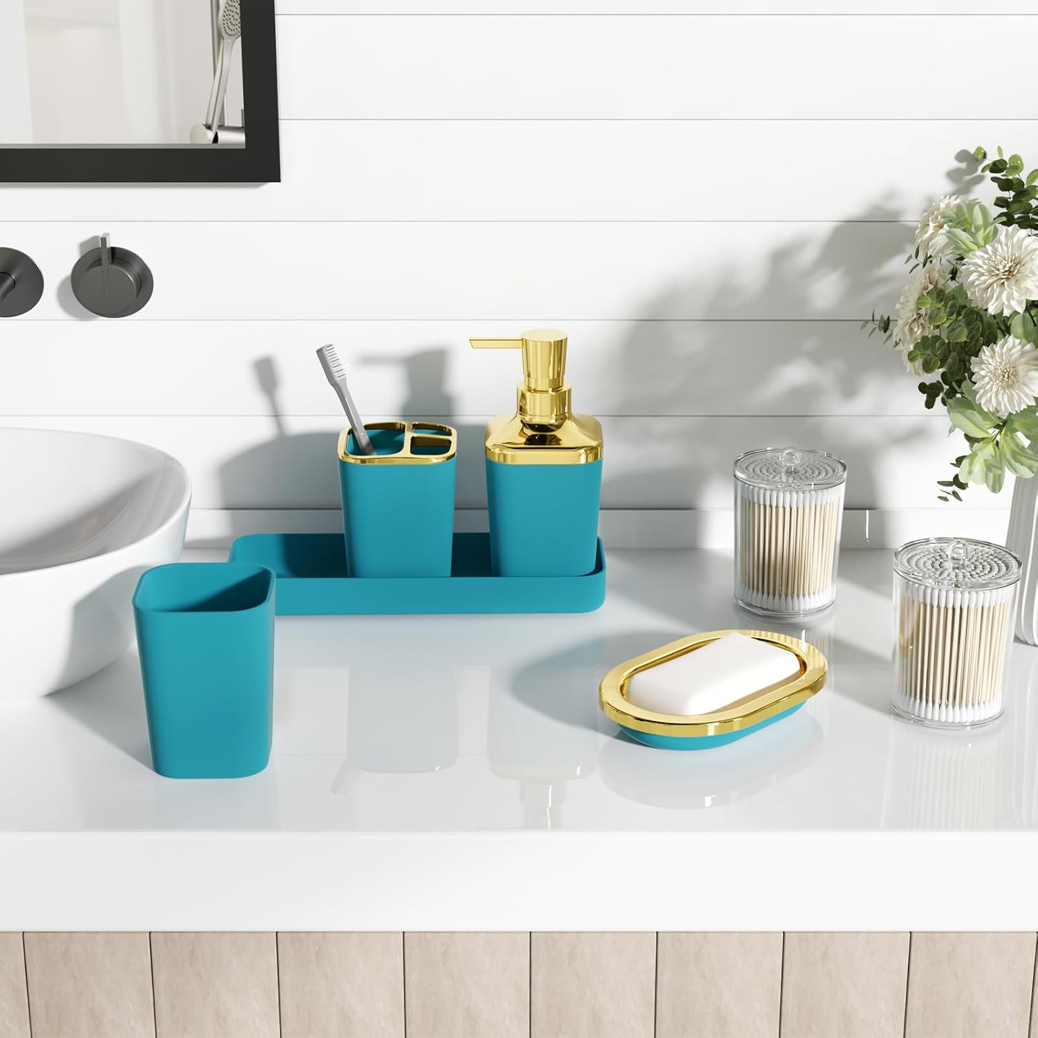 Bathroom Accessories Set - 25PC Bathroom Set with Shower Curtain and Rugs, Teal Blue Bathroom Set, Bathroom Accessory Set with Press-on Lid Trash Can, Soap Dispenser and Qtip Holders