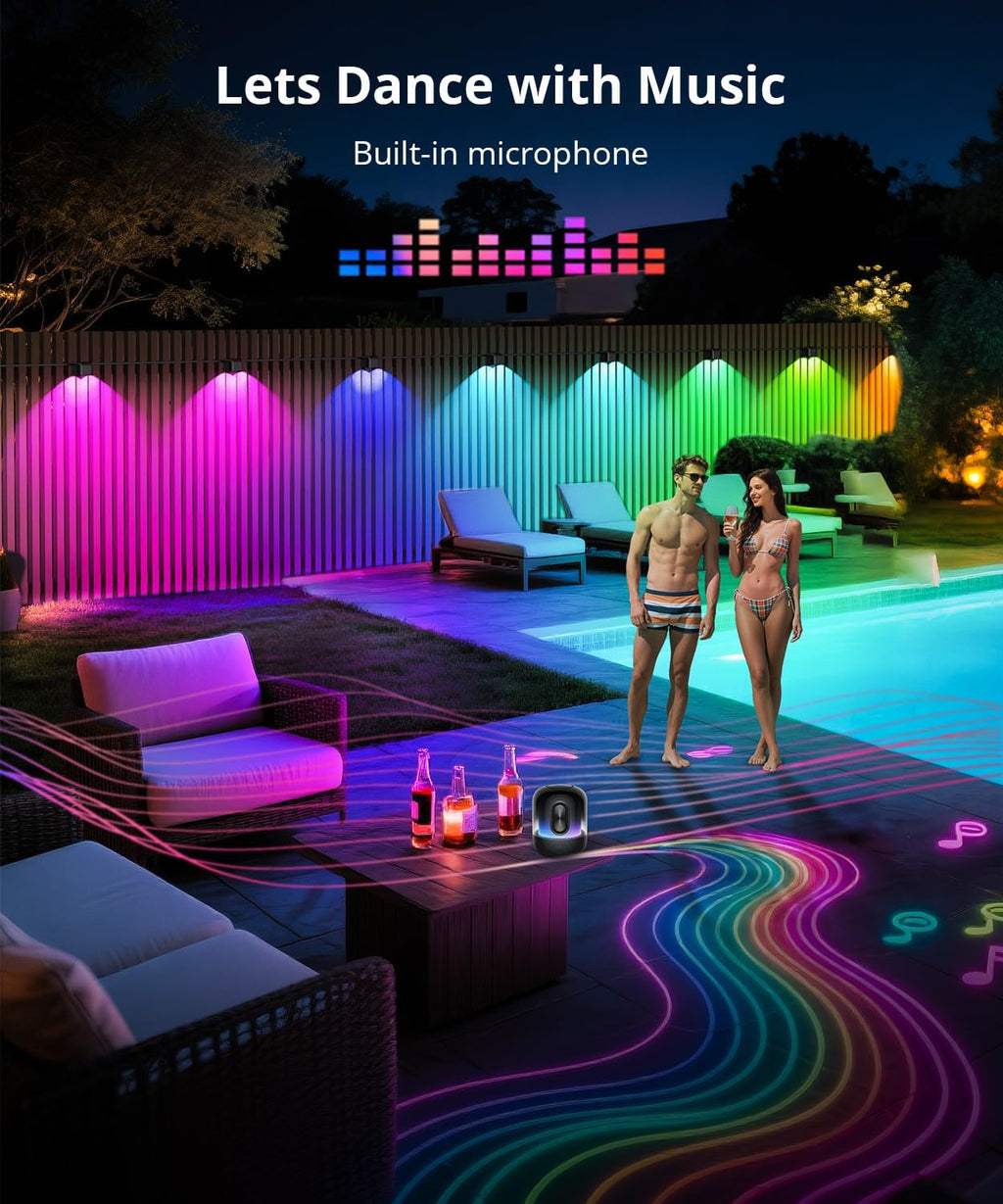 Outdoor Deck Lights 8 Packs, Smart RGBCW Fence Light, 100+ Scene Modes, Dual Lens LED String Lights with APP/Voice/Remote Control, IP65 Waterproof for Halloween Christmas Decor, 52ft Black