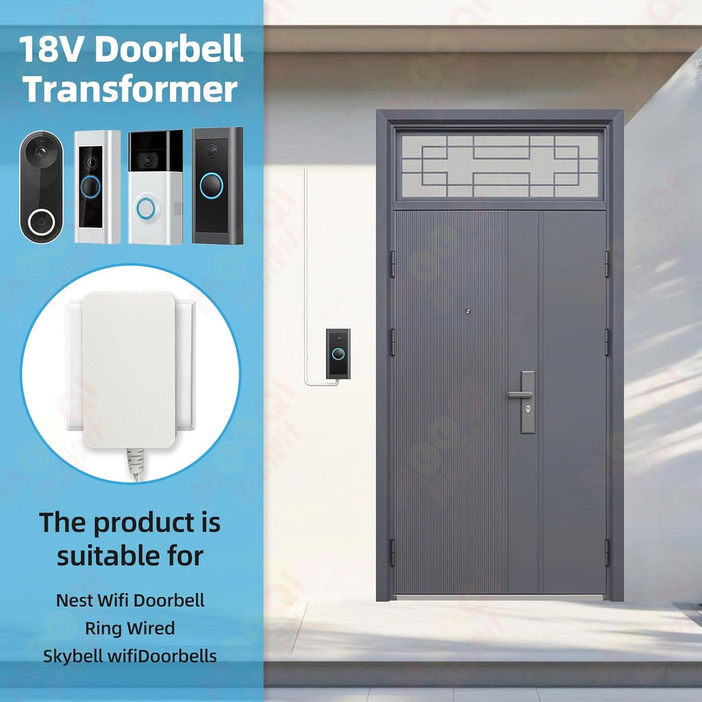 18V DC Video Doorbell Power Adapter, Power Supply Transformer for Ring, Nest, Eufy, Wyze, Arlo, 19.6 ft Cable, White