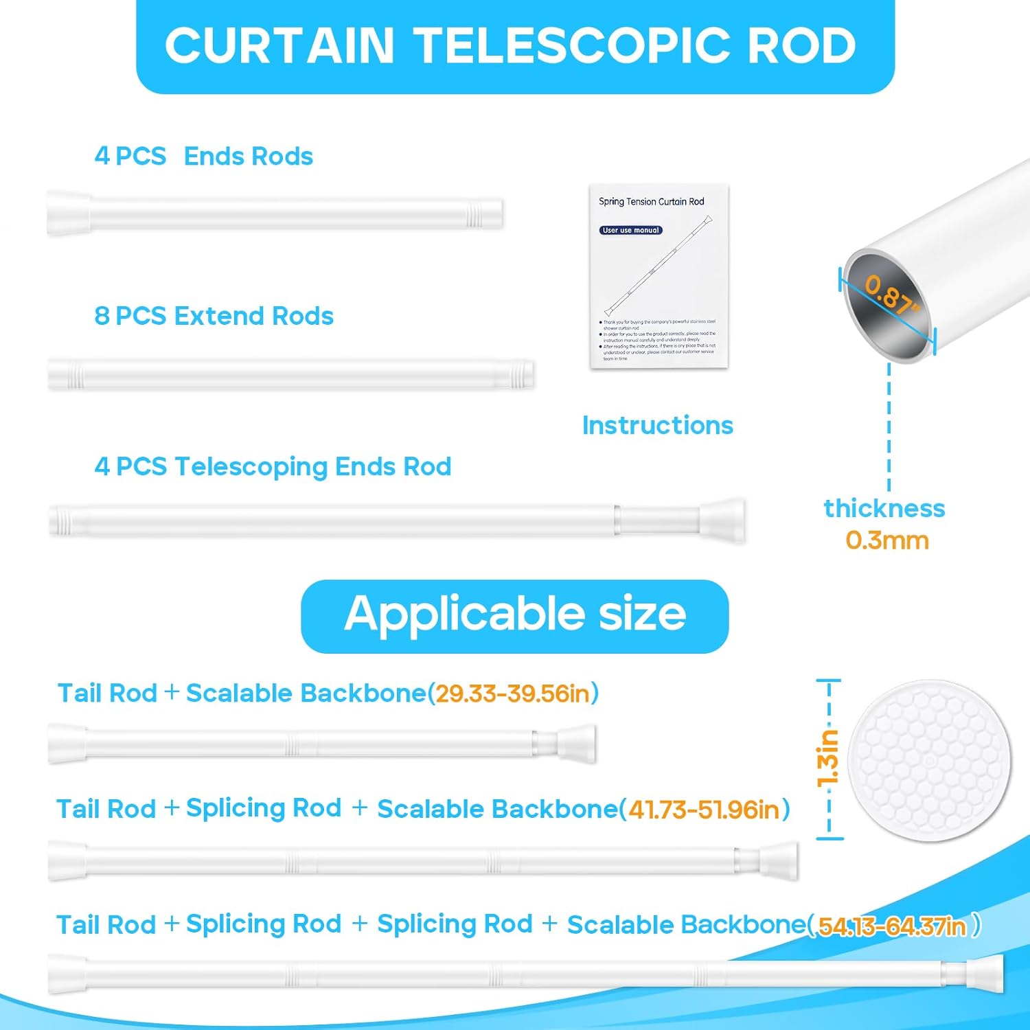 4 Pack White Tension Curtain Rod for Windows 30 To 64 Inch White Tension Rod 7/8" Adjustable Spring Curtain Rod No Drilling Tension Shower Curtain Rods for Closet Doorways