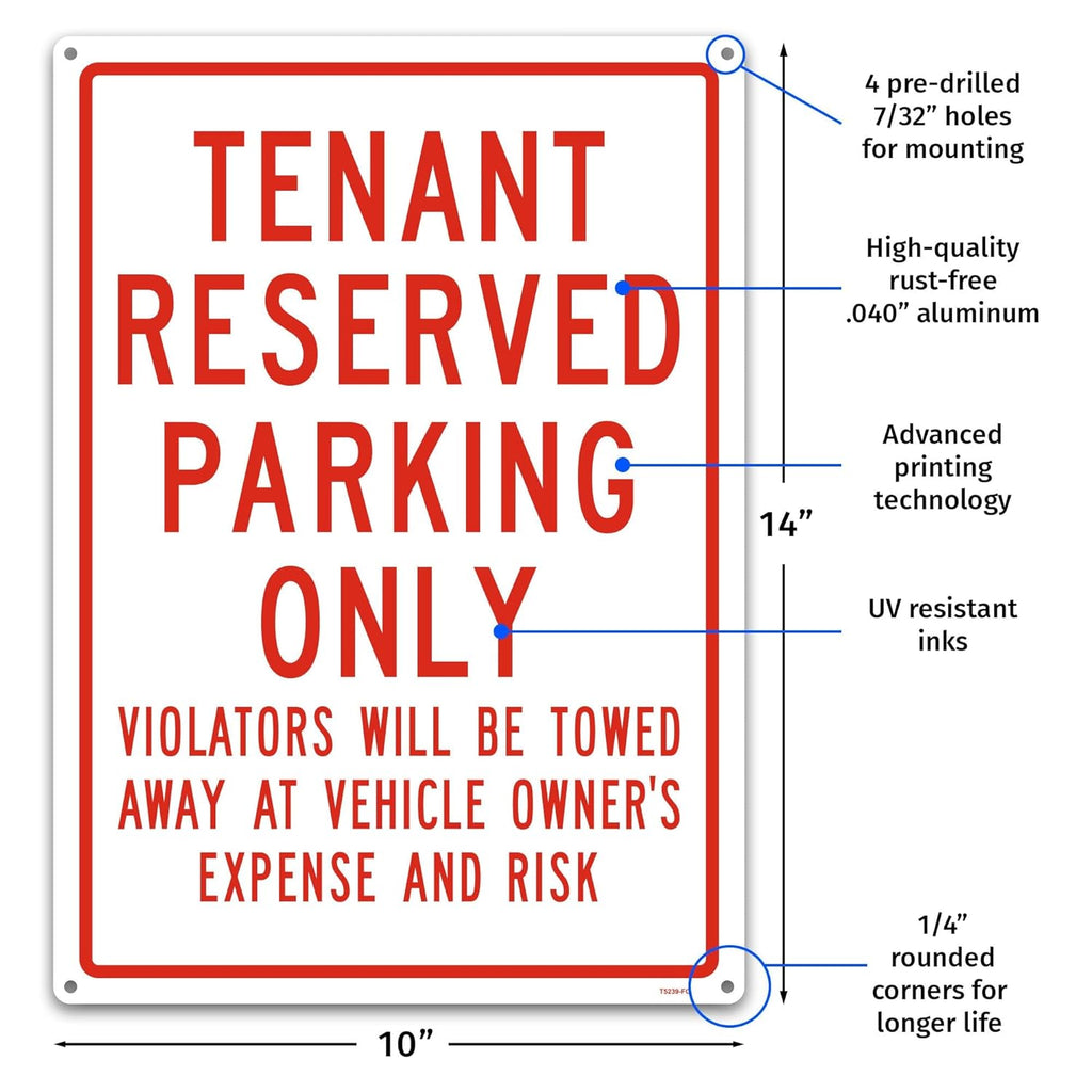 Brimar Tenant Reserved Parking Only Sign 10"x14" - Weatherproof Rust Free Aluminum Warning Sign for Private Property, Parking Lots, Driveways, Yards & Businesses"