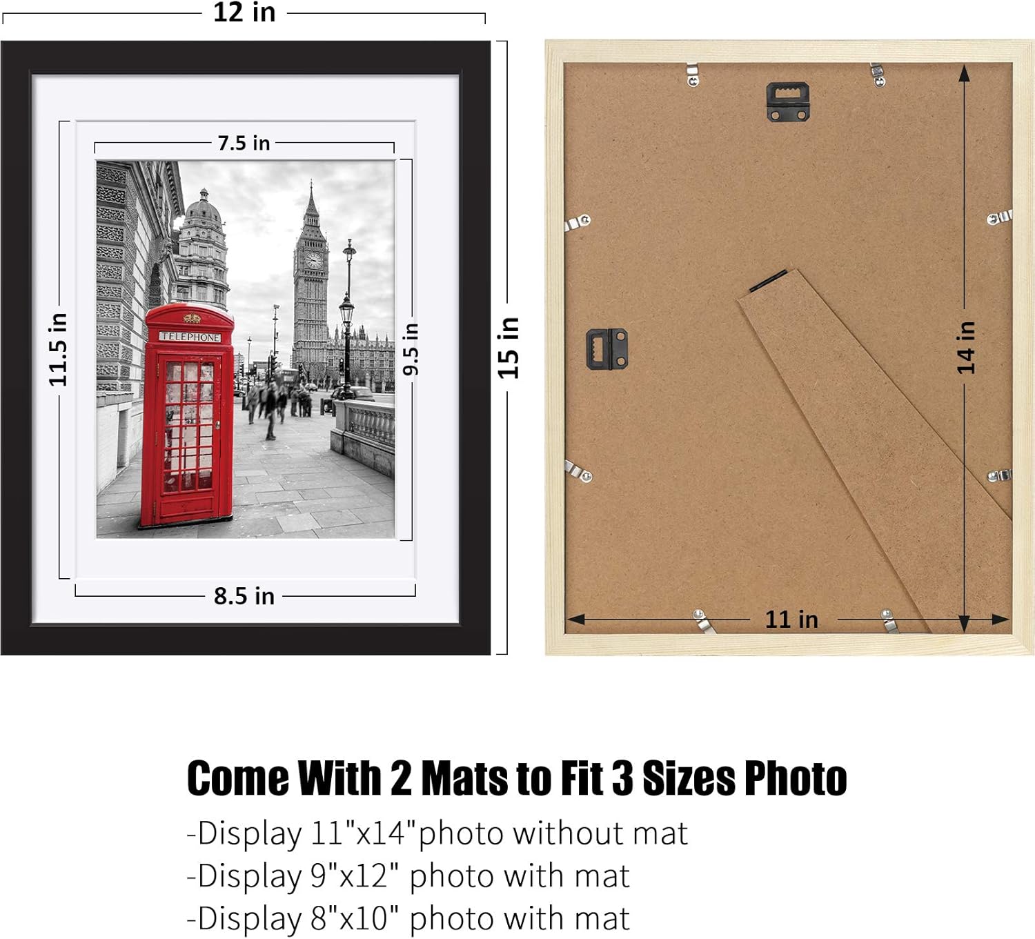 11x14 Picture Frames Black Solid Wood - Matted to Display Pictures 9x12 or 8x10 or 11x14 Frame without Mat - Wooden Photo Frame 11x14 inch Black with 2 Mats for Wall Mounting or Table Top, 2 Set