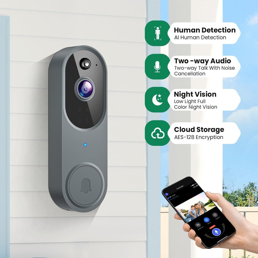 1080p Wireless Video Doorbell Camera, AI Human Detection, Live View, Night Vision, Cloud Storage, 2.4G WiFi, Battery Powered, Indoor Outdoor Surveillance (Includes Doorbell Receiver)