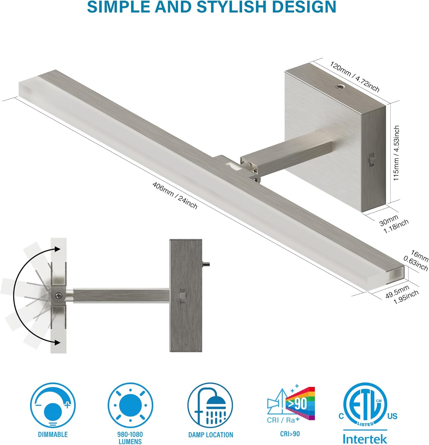 ZAGO 24 Inch Bathroom Vanity Light Fixtures Over Mirror - LED Modern Rotational Wall Mounted Adjustable Hardwired Picture Lighting Bar with 5CCT Switchable, ETL & Damp Rated, Black, 2-Pack