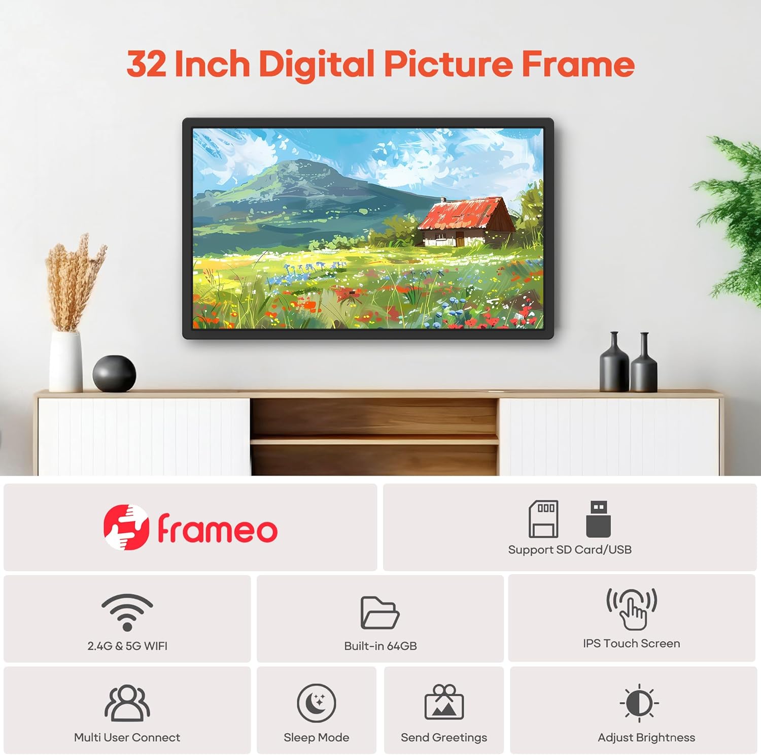 Frameo 32" Extra Large Digital Picture Frame WiFi 64GB, 1920 x 1080 FHD IPS Touch Screen Electronic Photo Frames, Wall Mounted, Auto-Rotate, Support USB and SD Card, Share Photos Videos Instantly