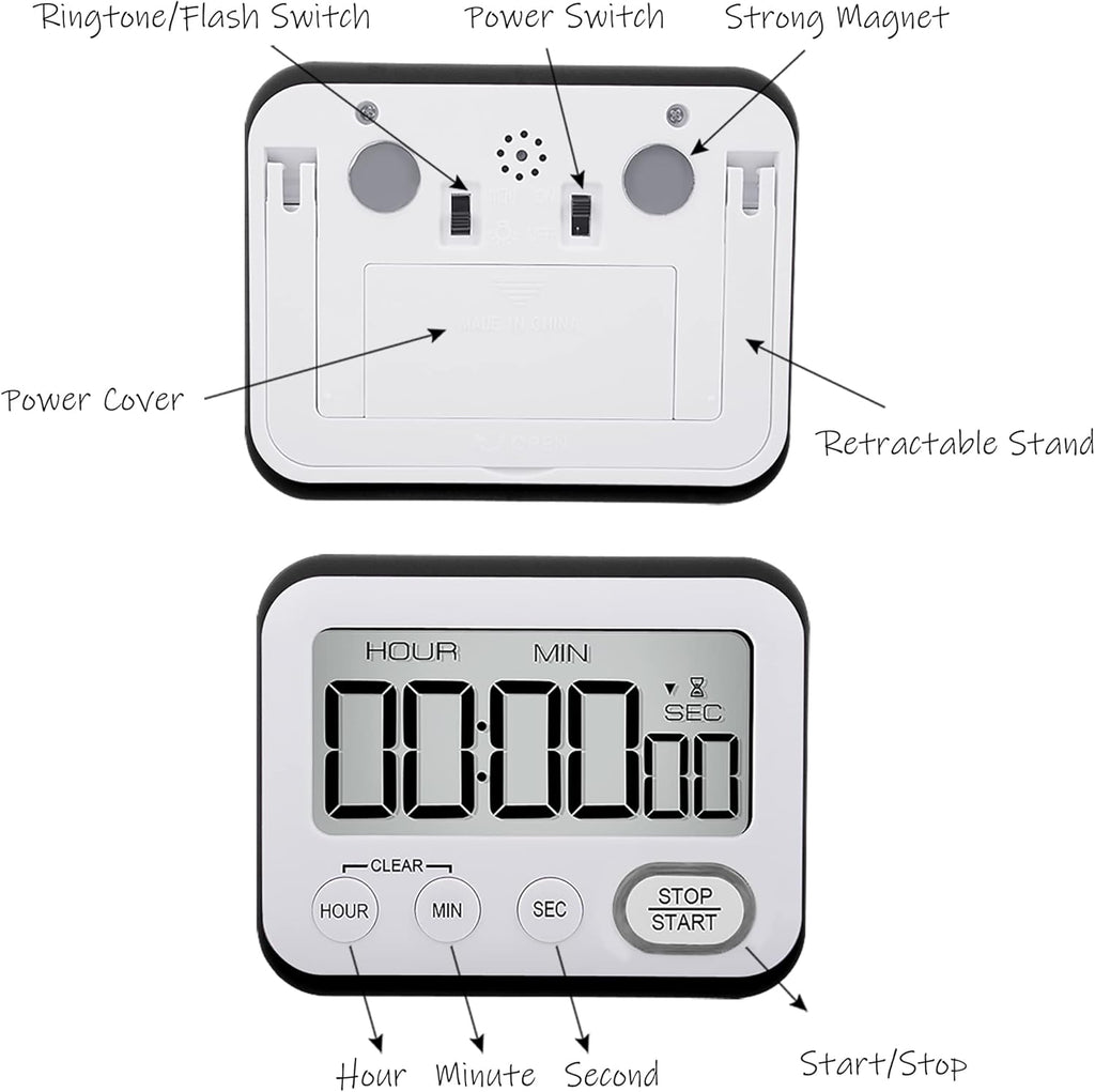 Digital Kitchen Timer Magnetic Loud Alarm, Large LCD Screen Silent/Beeping Multi-Function for Teachers Classroom Kids, Black