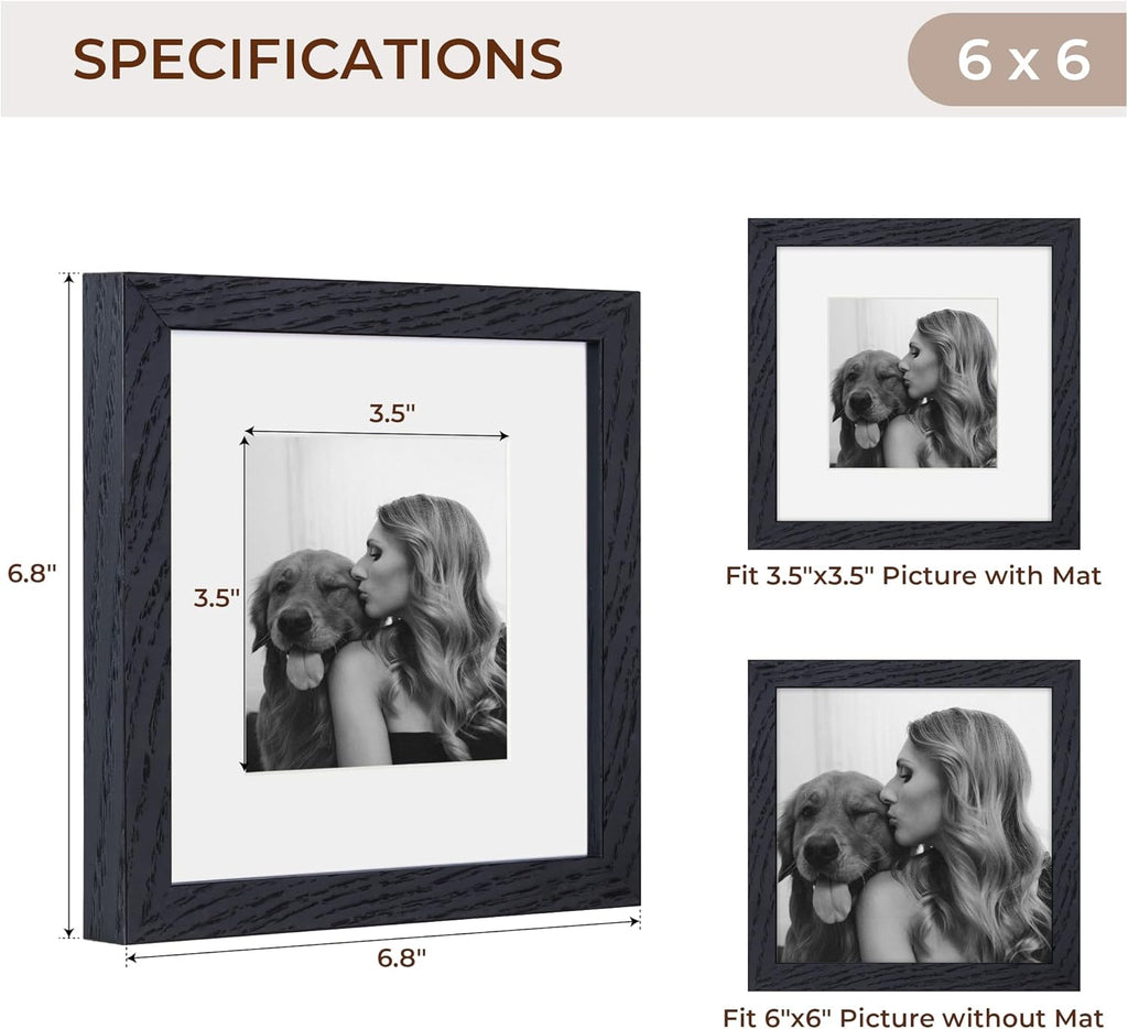 6x6 Picture Frames, Solid White Oak Wood Frame 6 x 6 with Stand for Wall & Tabletop Display, Rustic Wooden Photo Frame 6 by 6 with Real Glass, 6x6 Frame Matted to 4x4, Black Color, Set of 4