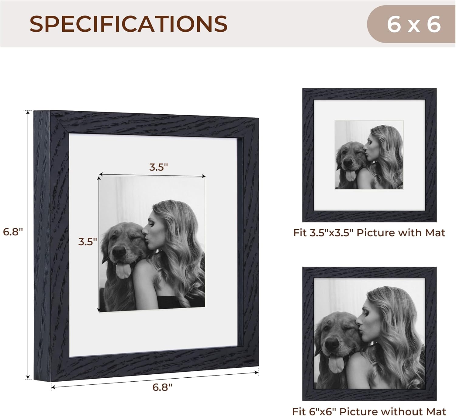 6x6 Picture Frames, Solid White Oak Wood Frame 6 x 6 with Stand for Wall & Tabletop Display, Rustic Wooden Photo Frame 6 by 6 with Real Glass, 6x6 Frame Matted to 4x4, Black Color, Set of 4
