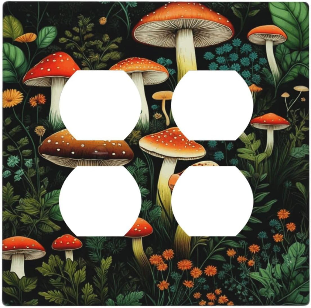 Decorative Outlet Covers Red Mushroom Flowers Green Leaf Plants 2 Gang Wall Plate Double Duplex Light Switch Cover Switch Plate Covers Faceplate for Bedroom Home Decor