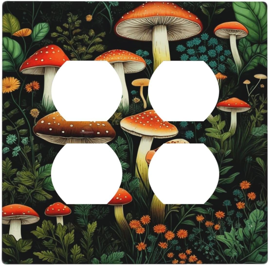 Decorative Outlet Covers Red Mushroom Flowers Green Leaf Plants 2 Gang Wall Plate Double Duplex Light Switch Cover Switch Plate Covers Faceplate for Bedroom Home Decor