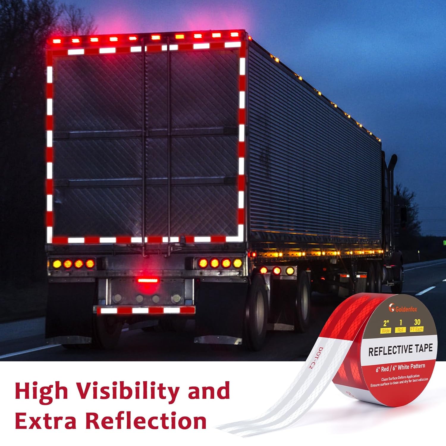 Golden Fox DOT-C2 Reflective Tape 2 Inch x 30 Feet - Red White Waterproof High-Visibility Safety Tape with Strong Adhesive for Trailers, Vehicles, Boats, and Outdoor Signs