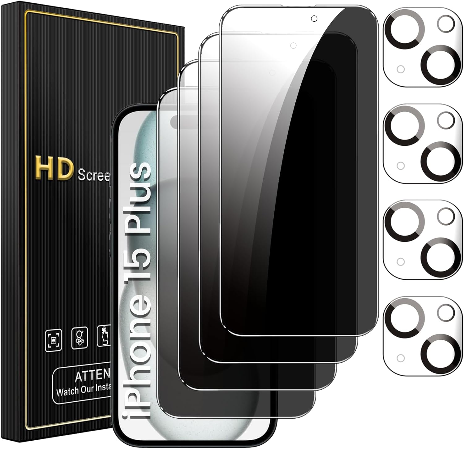 4 Pack Privacy Screen Protector for iPhone 15 Plus 6.7 Inch with 4 Pack Camera Lens Protector, Anti Spy Tempered Glass Film, Anti-Scratch, Touch Sensitive, Case Friendly