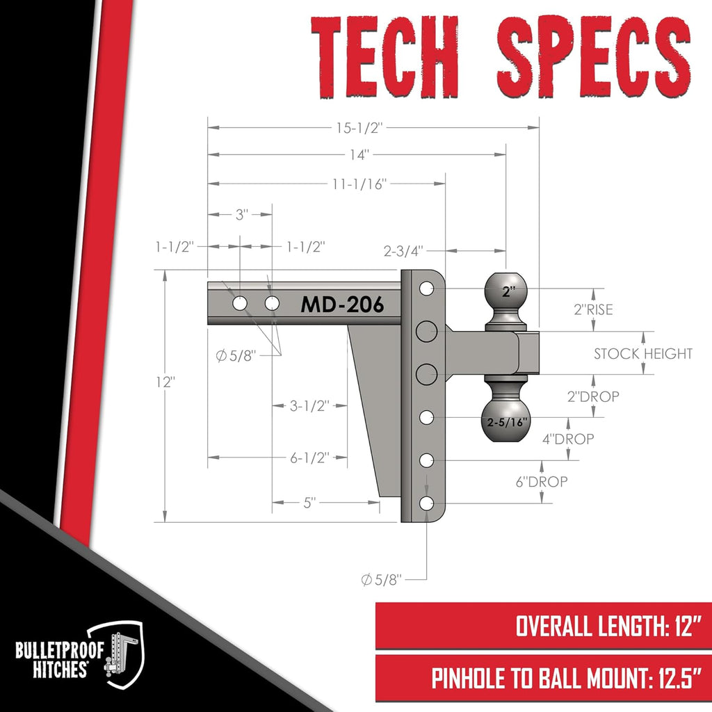 BulletProof Hitches - 2.0" Adjustable Medium Duty Trailer Hitch (14,000 lb. Rating) - 6" Drop/Rise Trailer Hitch with 2" & 2-5/16" Dual Ball - Powder Coat, Box Steel, Corrosion-Resistant