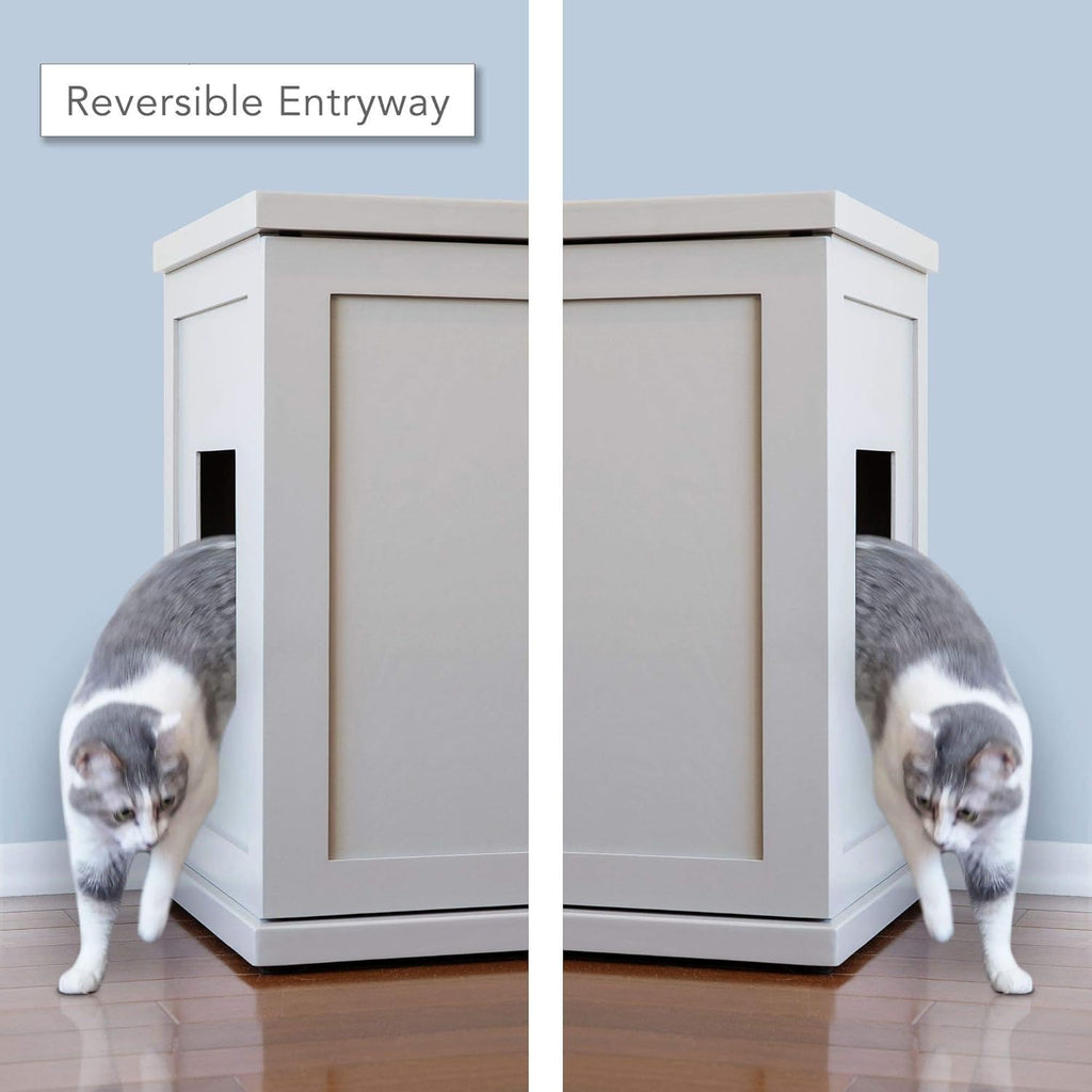 THE REFINED FELINE Cat Litter Box Enclosure Cabinet, Farmhouse, Smoke Gray, Tulip Feet, Large, Hidden Litter Cat Furniture with Drawer