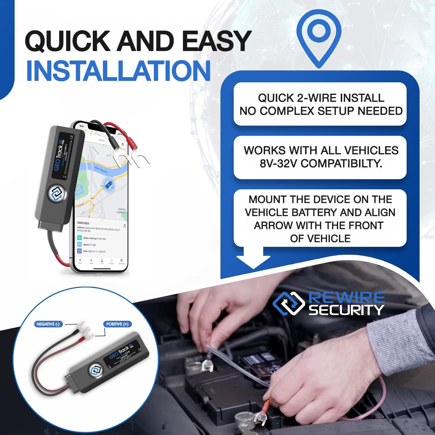 REWIRE SECURITY Geo Track Mini 4G GPS Tracker for Vehicles – Real-Time Vehicle Tracking Device for Car, Van, Motorhome | Easy Battery Install | Live App Tracking | 4G Fleet Tracking