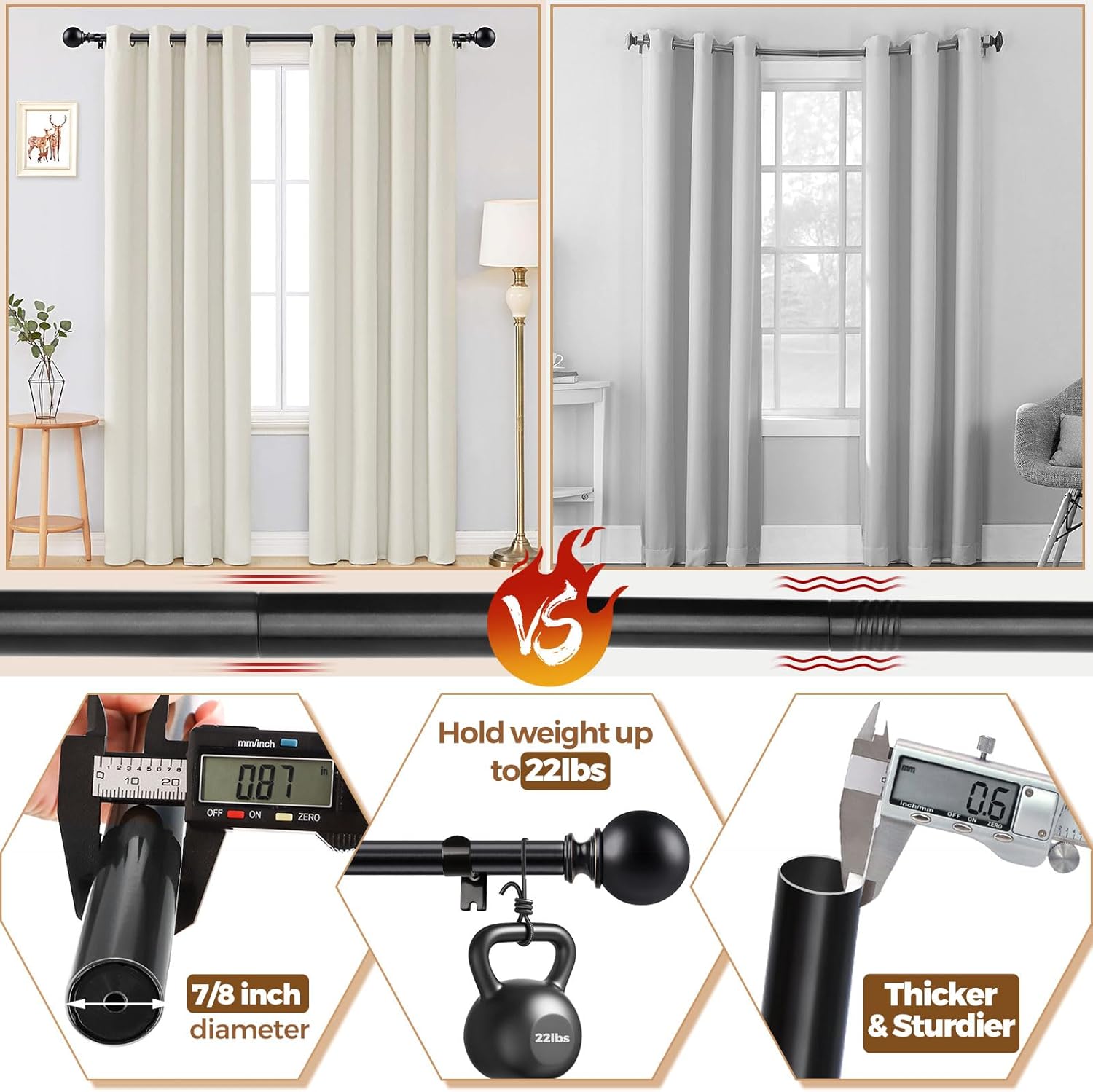 KAMANINA Black Curtain Rods for Windows 72 to 144 Inches (6-12ft), Long Heavy Duty Curtain Rods, 7/8 Inch Decorative Drapery Rod with Round Finials