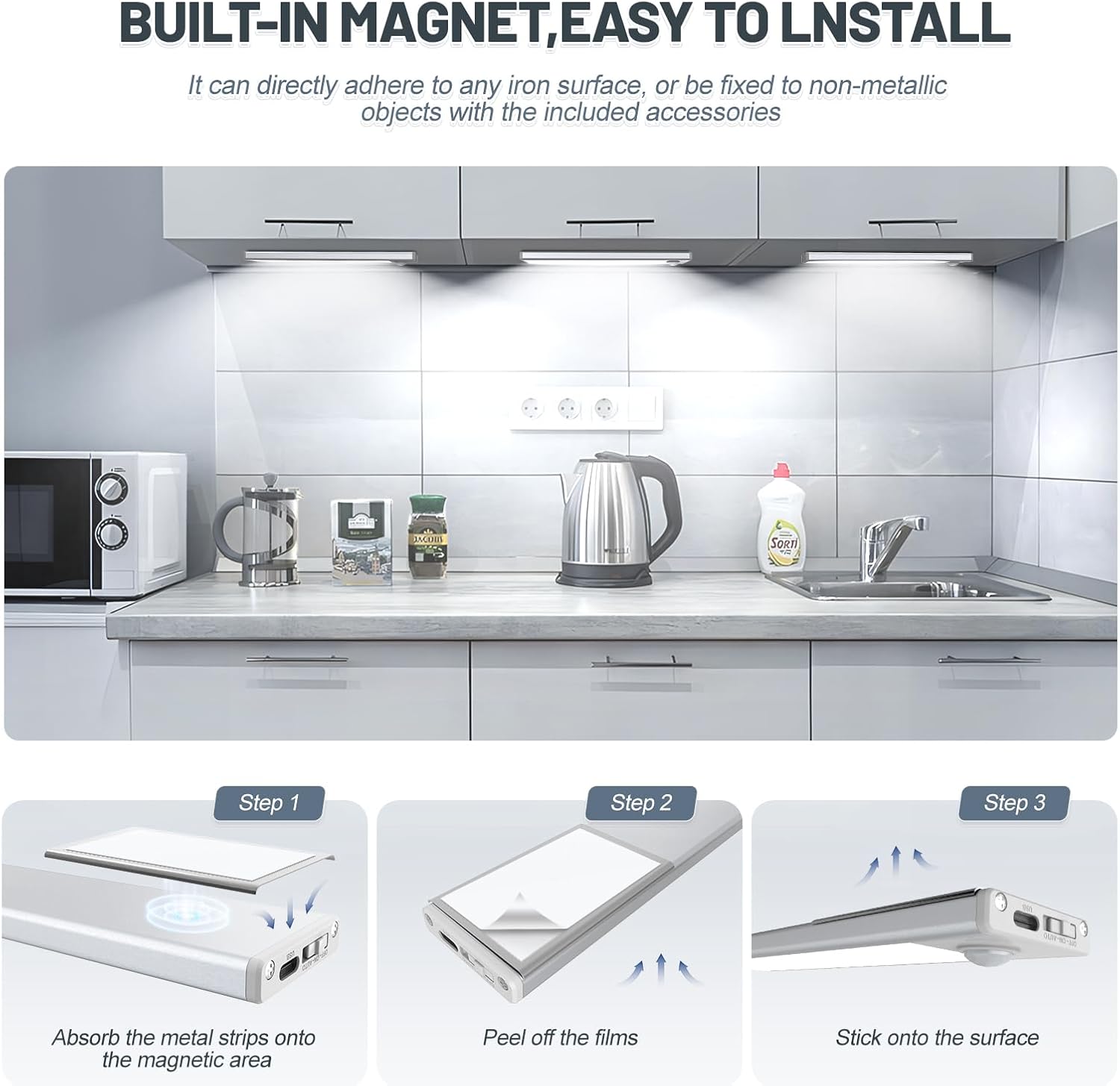 6 Pack Under Cabinet Lighting Wireless, 32 LED Rechargeable Battery Motion Sensor Light Indoor, Stick On Magnetic Closet Lights, Under Counter Lights for Kitchen, Stairs, White 8 in