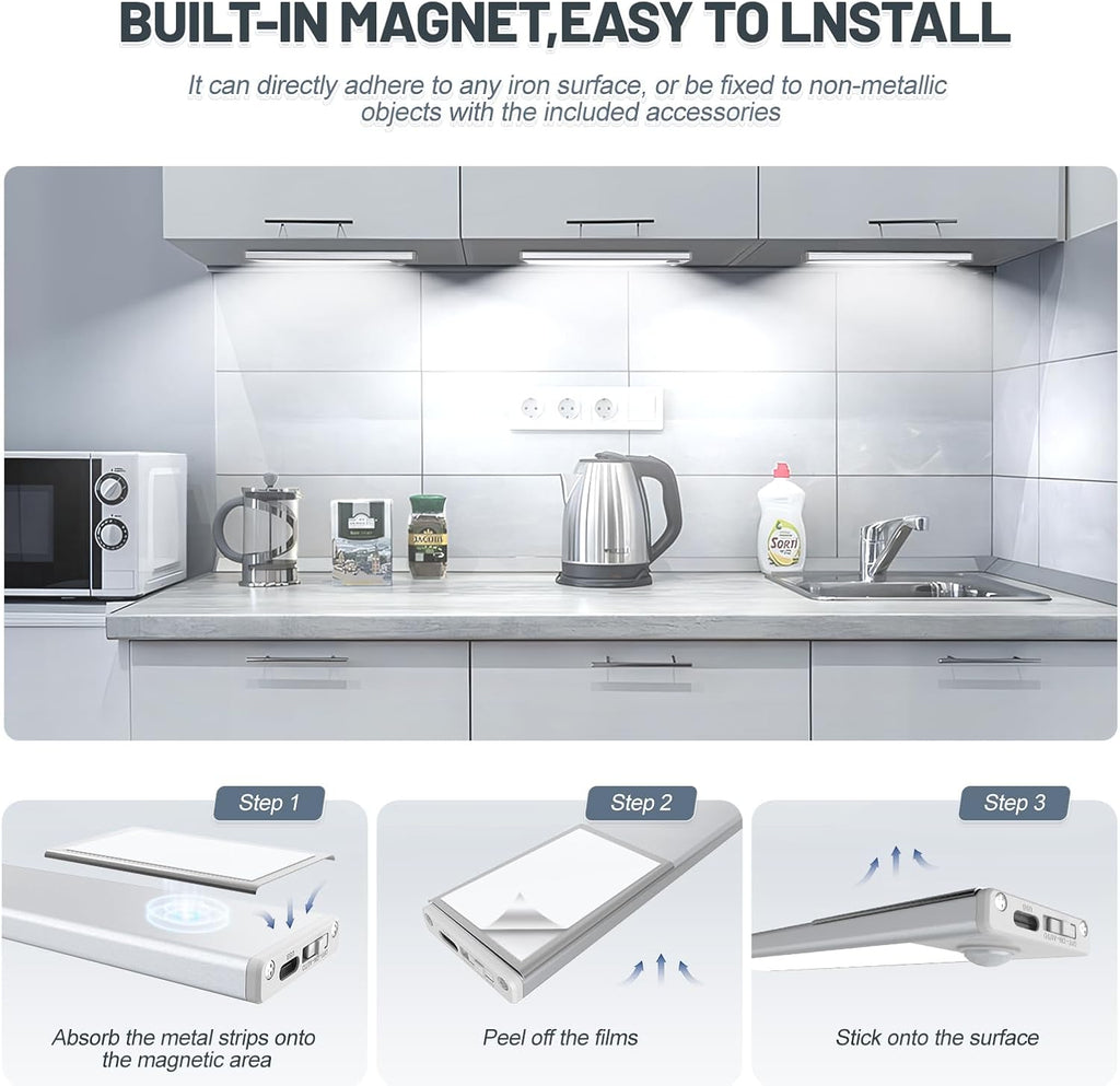 6 Pack Under Cabinet Lighting Wireless, 68 LED Rechargeable Battery Motion Sensor Light Indoor, Stick On Magnetic Closet Lights, Under Counter Lights for Kitchen, Stairs, White 16 in