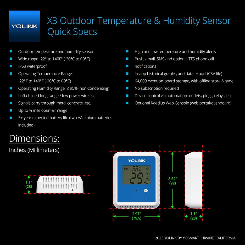 YoLink X3 Outdoor Temperature and Humidity Sensor with Data Logger, Thermometer, 1/4 Mile Range, 5+ Years Battery Life, Emails, Text, App Alerts, Alexa, IFTTT. Hub Required!