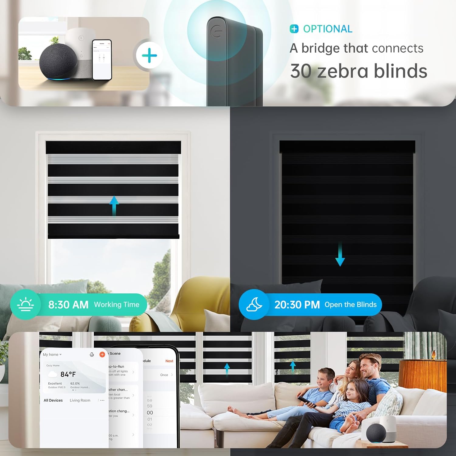 Motorized Zebra Blinds, Solar Powered Dual Layer Automatic Shades with Remote Control, Rechargeable Smart Blinds Horizontal Wireless Electric Shades for Windows, Custom Size, Black， 38 x 72