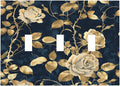Decorative Switch Plates Boho Vintage Floral Golden Flower Dark Blue Background 3 Gang Wall Plate Triple Toggle Light Switch Cover Faceplate Electrical Wall Panels for Bedroom living Room