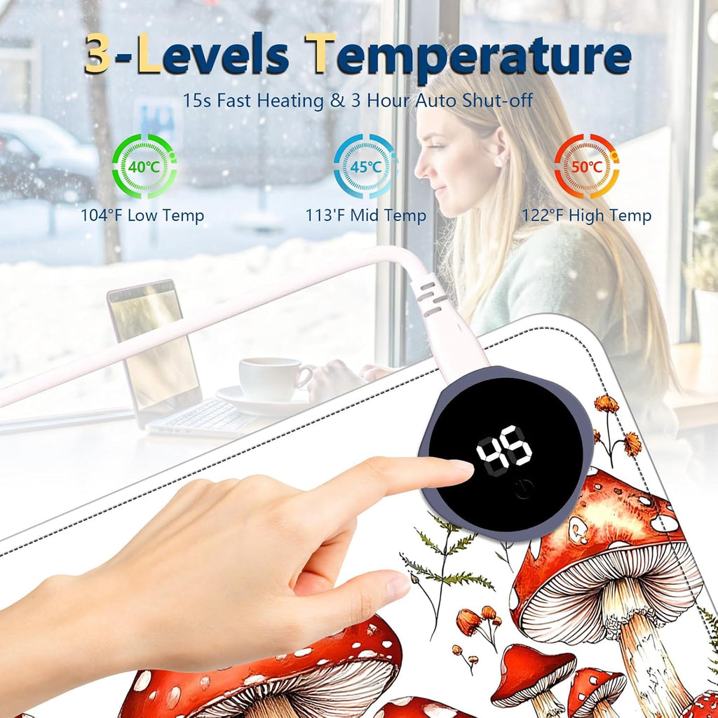 Heated Mouse Pad with 3 Temperature Settings(104°F–122°F),Large 24x14.2 Inch PU Leather Heated Desk Mat,Waterproof Warming Pad for Office,Gaming & Cold Hands Relief,Red Mushroom