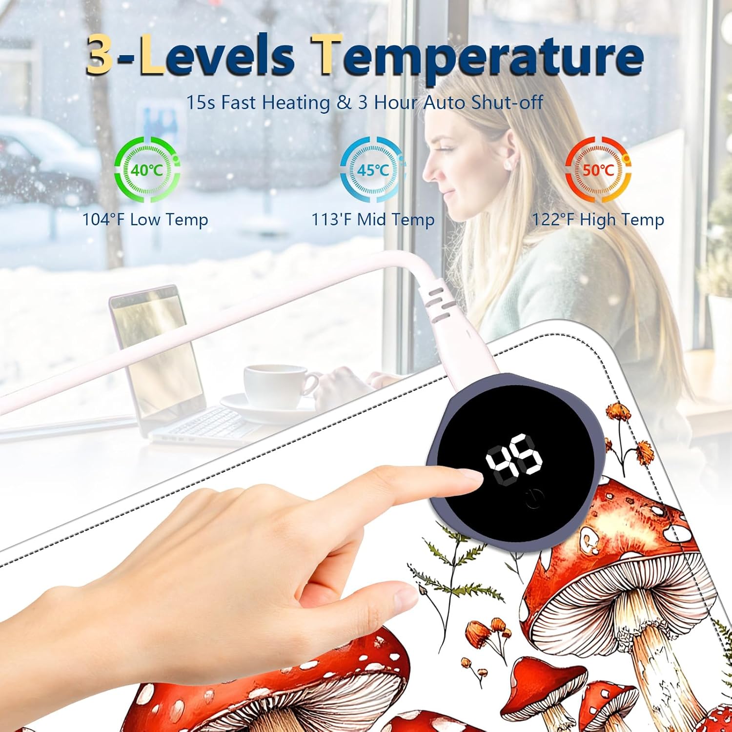 Heated Mouse Pad with 3 Temperature Settings(104°F–122°F),Large 31.5x13 Inch PU Leather Heated Desk Mat,Waterproof Warming Pad for Office,Gaming & Cold Hands Relief,Red Mushroom