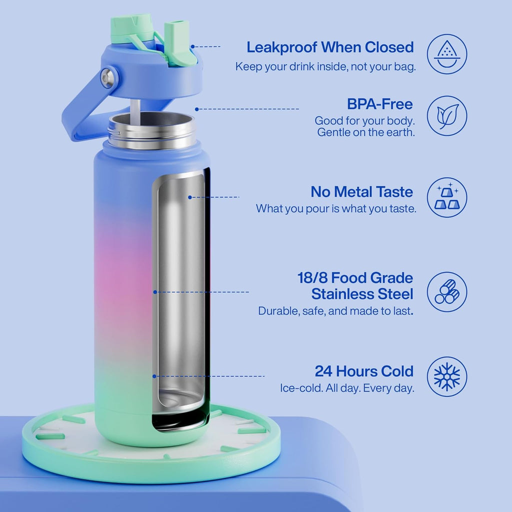 ENCOOL Insulated Water Bottle with Straw Stainless Steel Water Bottle, Leak-Proof, BPA-Free, Double Wall Vacuum Keeps Cold for 24 Hours for Sports, Travel, School (32 oz, Frosted Lilac)