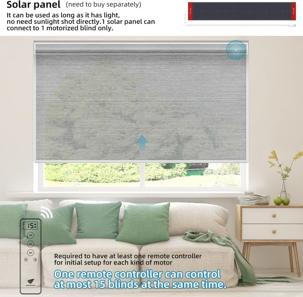SmartWings Motorized Light Filtering Shades, Work with Homekit, Alexa SmartThings Google, 50% Blackout PVC Free Smart Blinds for Windows, Cordless Window Shades with Remote, Customized, Silver