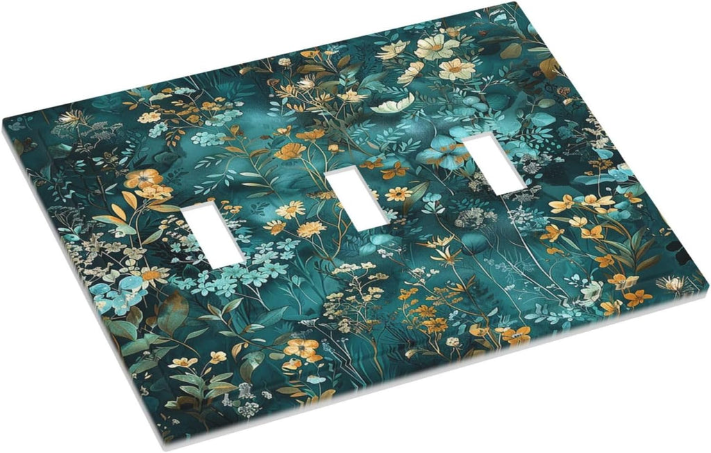 Decorative Switch Plates Green Leaf Floral Boho Golden Flower Plant 3 Gang Wall Plate Triple Toggle Light Switch Cover Faceplate Electrical Wall Panels For Bed Room Cabin Decor