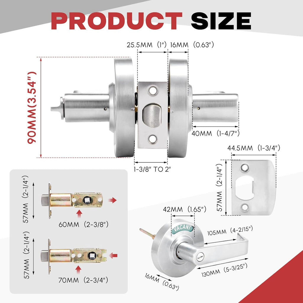 Tandefio 2 Set Vacant Occupied Bathroom Lock, Commercial Door Handle with in-use or Vacancy Occupied Deadbolt, Privacy Indicator Restroom Handle Lock for Restrooms, Satin Chrome (90 mm,Silver)