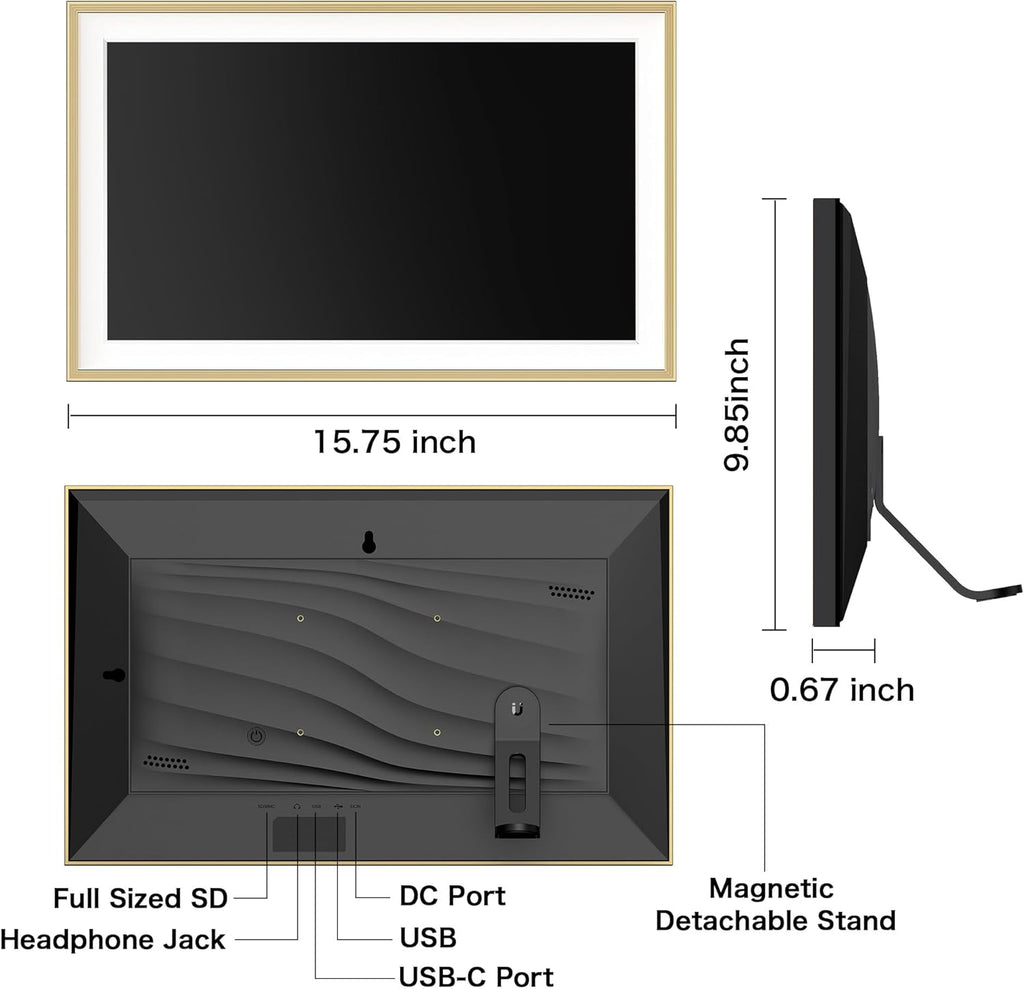 Digital Picture Frame, 15.6 inch Large Digital Photo Frame WiFi, 32GB Capacity, 1920 * 1080 IPS FHD Touch Screen, Electronic Frame Slideshow, Tabletop&Wall-Mounted, Gifts for Mom, Women, Golden