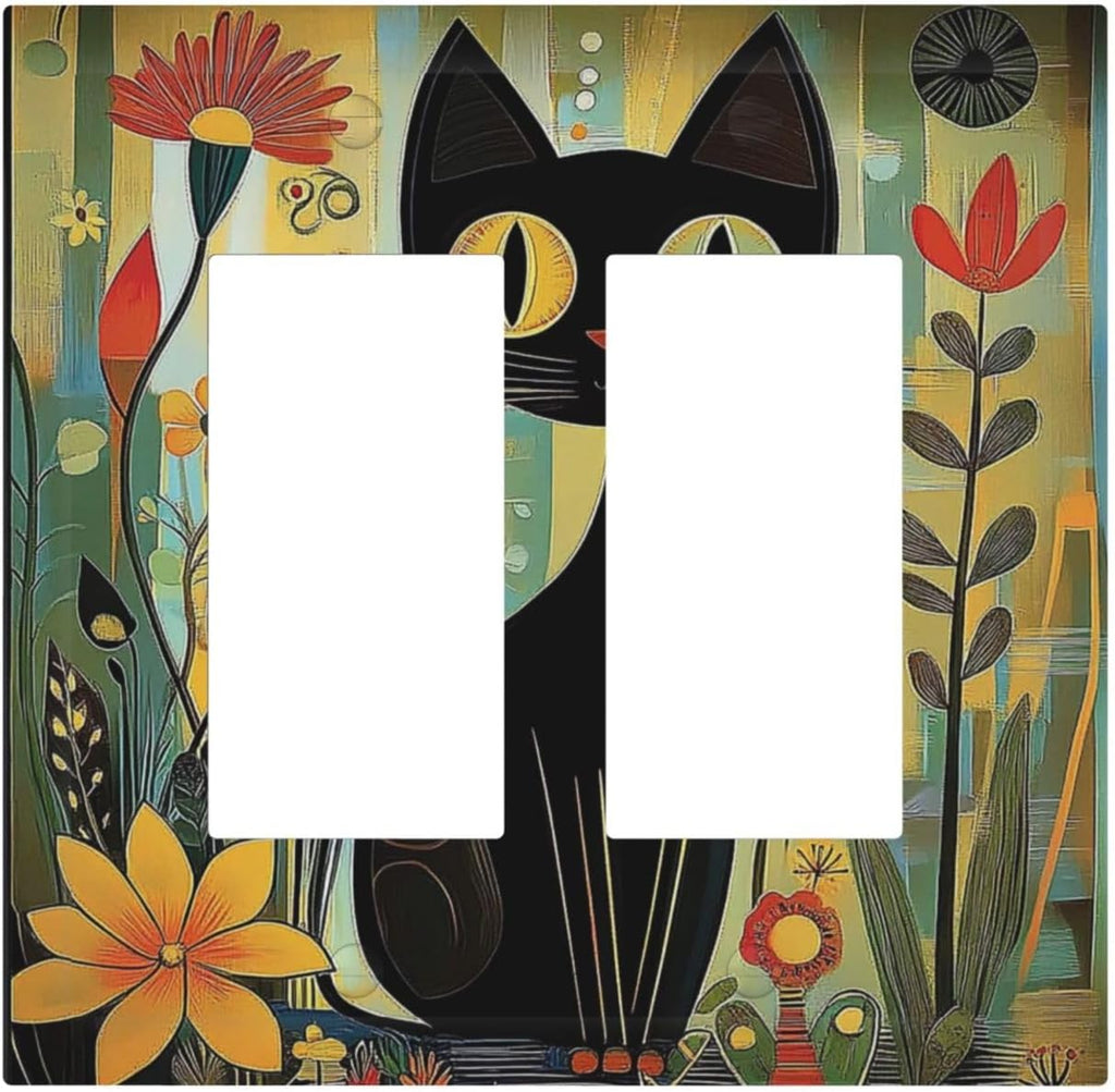 Funny Cat Retro Abstract Flowers Kitten Decorative Outlet Covers 2 Gang Double Gfci Rocker Electrical Wall Panels Light Switch Cover Plate For Kids Room Bed Room Decor