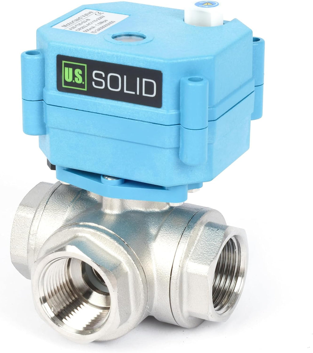 U.S. Solid 3/4" 3 Way Stainless Steel Motorized Ball Valve AC110-230V, L Type Water Shutoff Valve with Manual Function, Standard Port