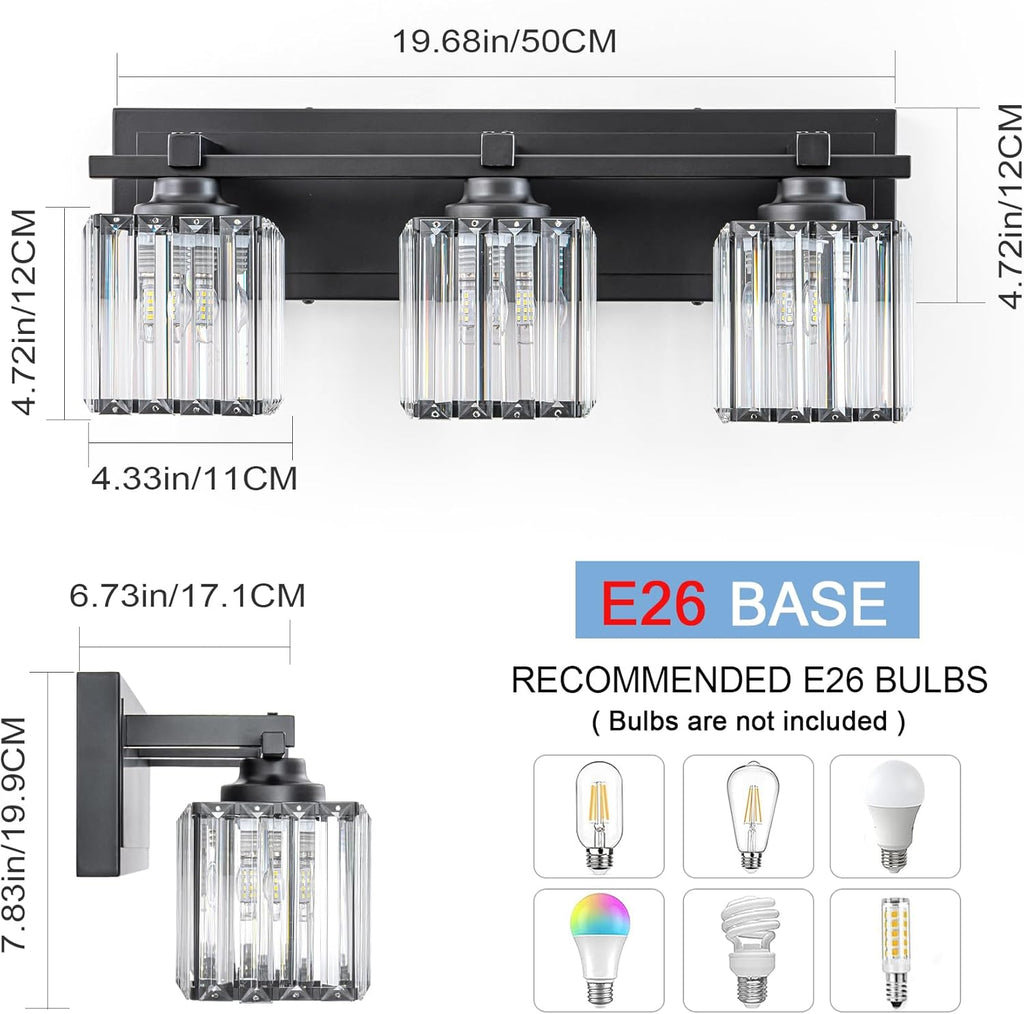 Crystal Bathroom Light Fixtures, 3 Light Black Vanity Lighting Over Mirror with Crystal Shades, Modern Bathroom Vanity Light for Restroom, Bath, Cabinet and Powder Room