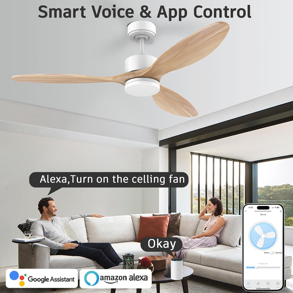cumilo 52 Inch Smart Wood Ceiling Fans with light and Remote,Quiet DC Motor,Dimmable,Control with Alexa Google Voice App WIFI,Outdoor Indoor Modern Ceiling Fan for Bedroom Patio