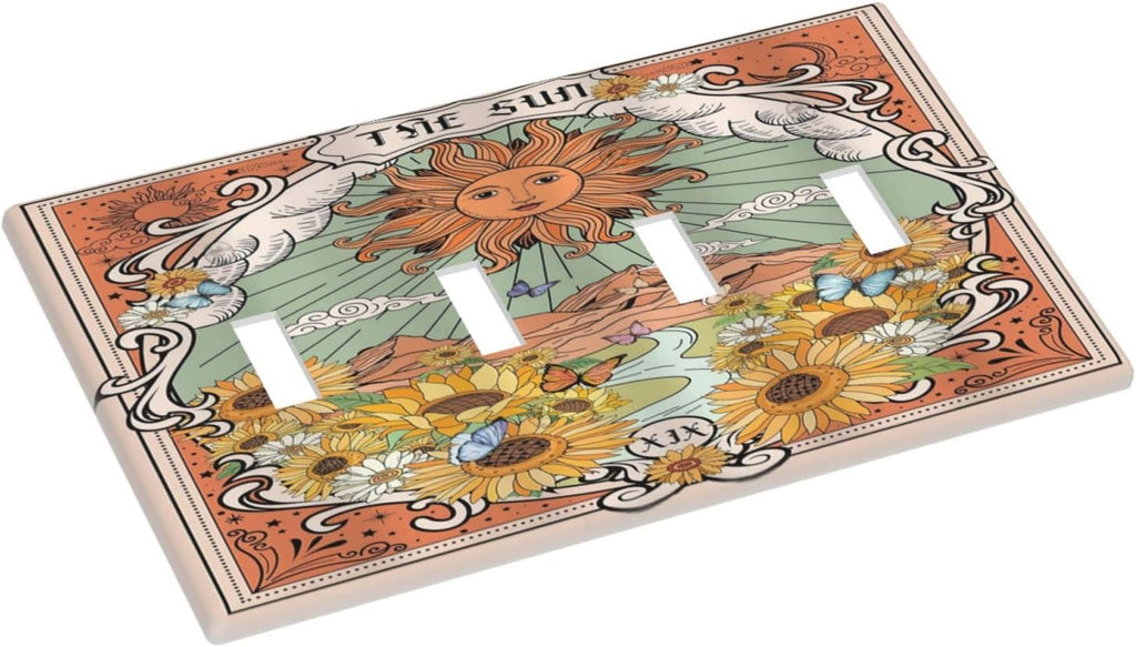 Boho Retro Sun Sunflower Vintage Flower Butterfly Light Switch Covers Quad Toggle Electrical Faceplate 4 Gang Wall Plate Decorative Switch Plates for Farmhouse Home Decor