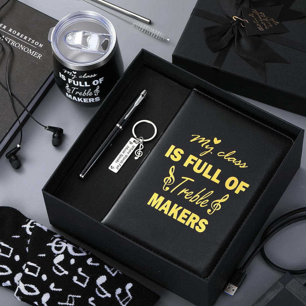 6 Pcs Music Teacher Band Teacher Gifts for Men My Class Is Full of Treble Makers 12 oz Stainless Steel Cup Socks Keychain Pen Notebook Box for Christmas Musicians Musical Lovers Gift