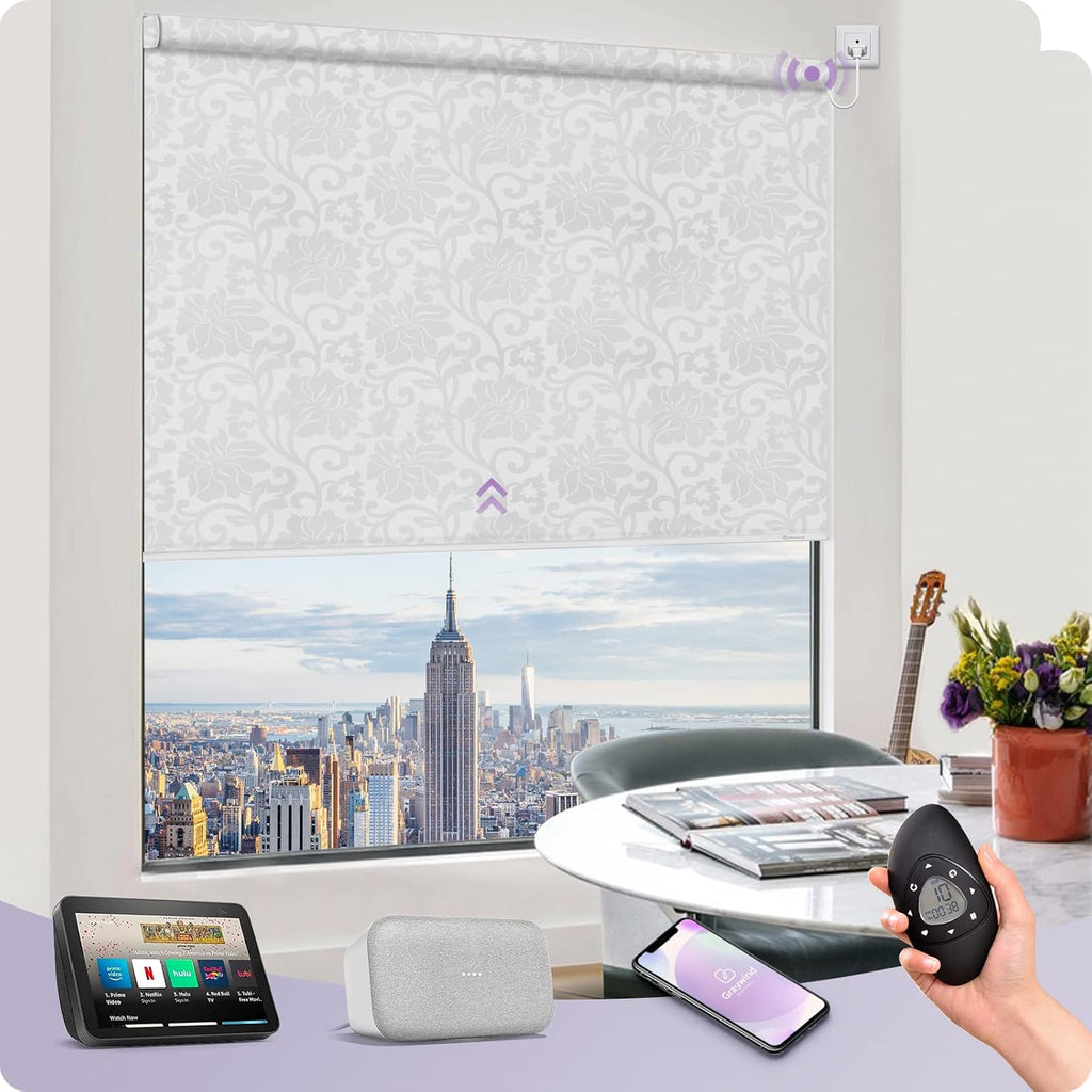 Graywind Smart Blackout Roller Shades Compatible with Alexa Google WiFi Hardwired Patterned Fabric Motorized Blinds Remote Window Shades, Custom Size (Floral Jacquard White)